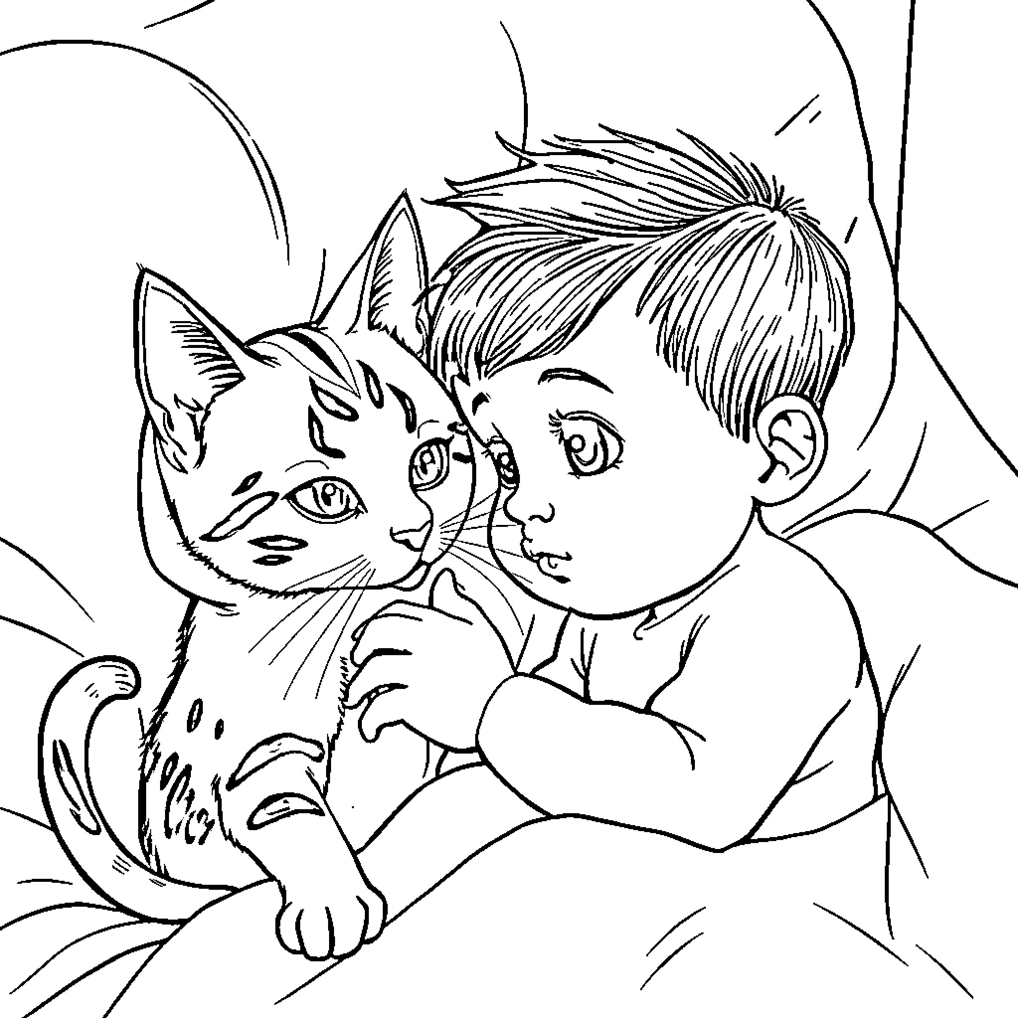 Baby playing happily with pet cat Coloring Page (free black-and-white line drawing printable PDF for all, from beginners to advanced learners, including children, teens, adults, and seniors)