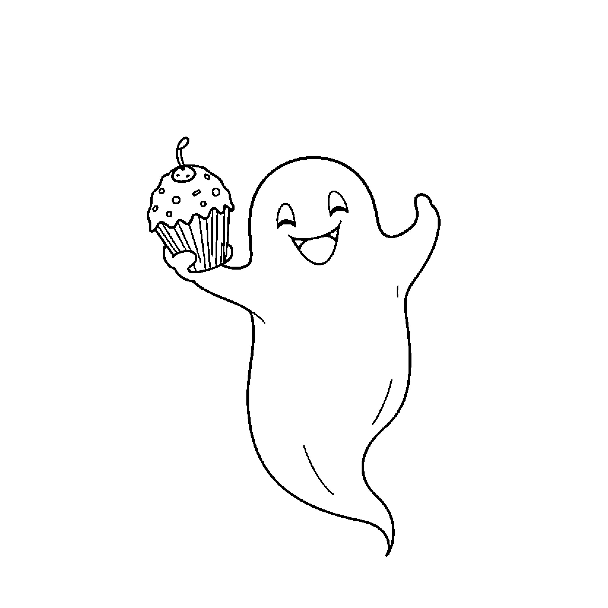 Ghost holding a cupcake with delight Coloring Page (free black-and-white line drawing printable PDF for all, from beginners to advanced learners, including children, teens, adults, and seniors)