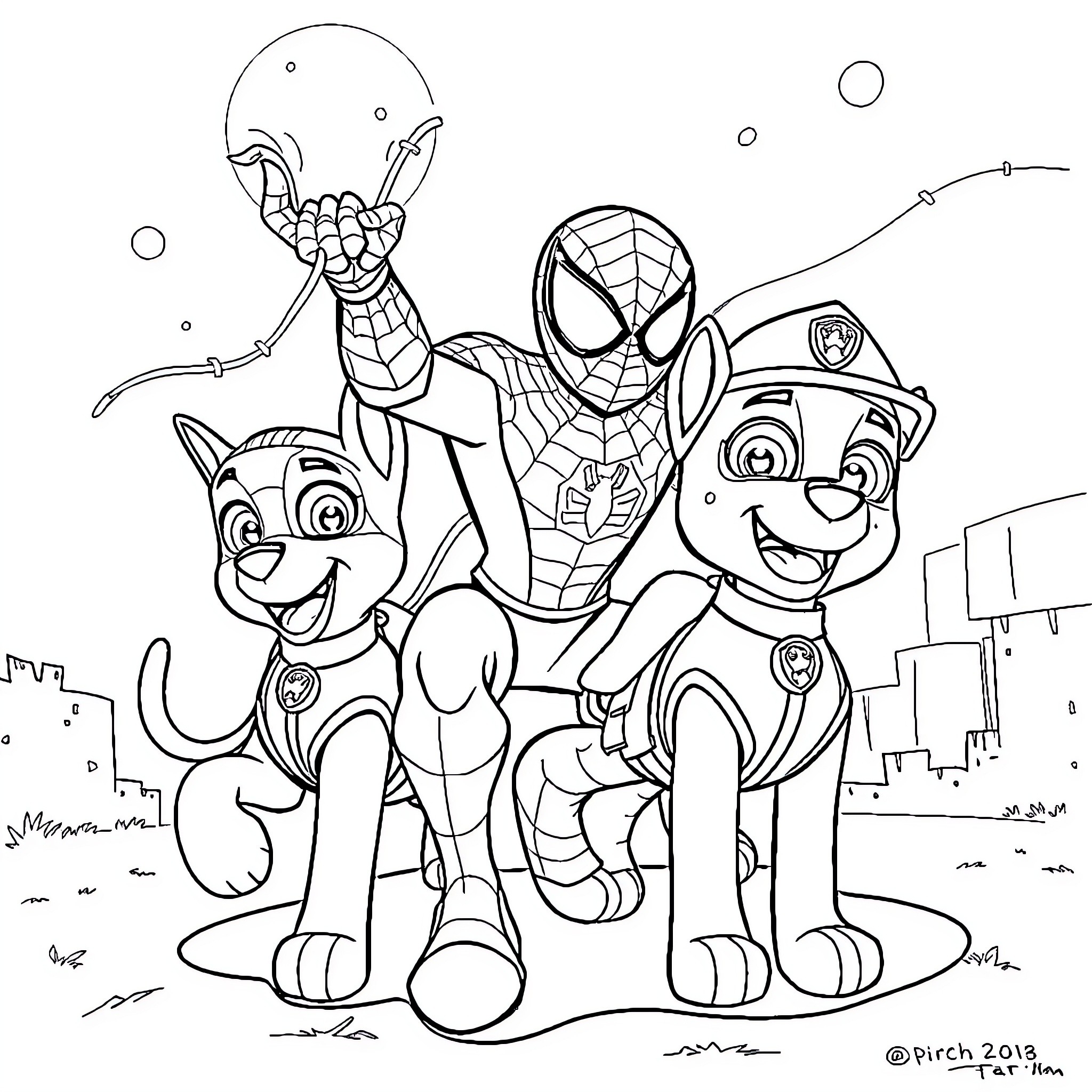 Spidey and Paw Patrol Friends' Adventurous Outing Coloring Page (free black-and-white line drawing printable PDF for all, from beginners to advanced learners, including children, teens, adults, and seniors)