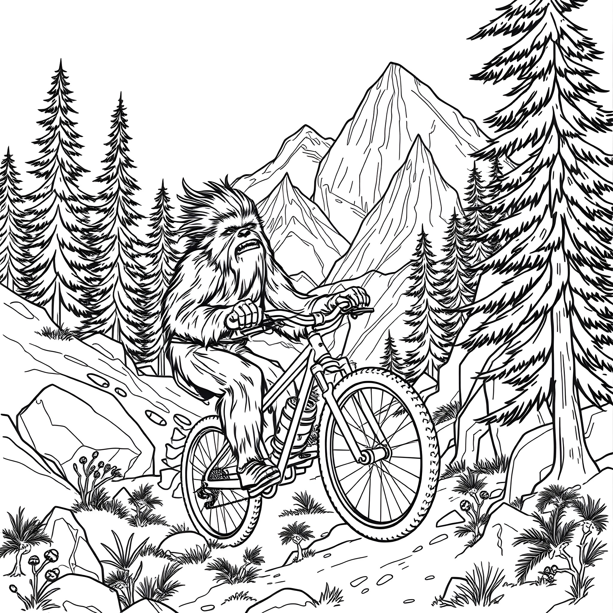 Wookie riding bicycle in snowy mountain forest Coloring Page (free black-and-white line drawing printable PDF for all, from beginners to advanced learners, including children, teens, adults, and seniors)