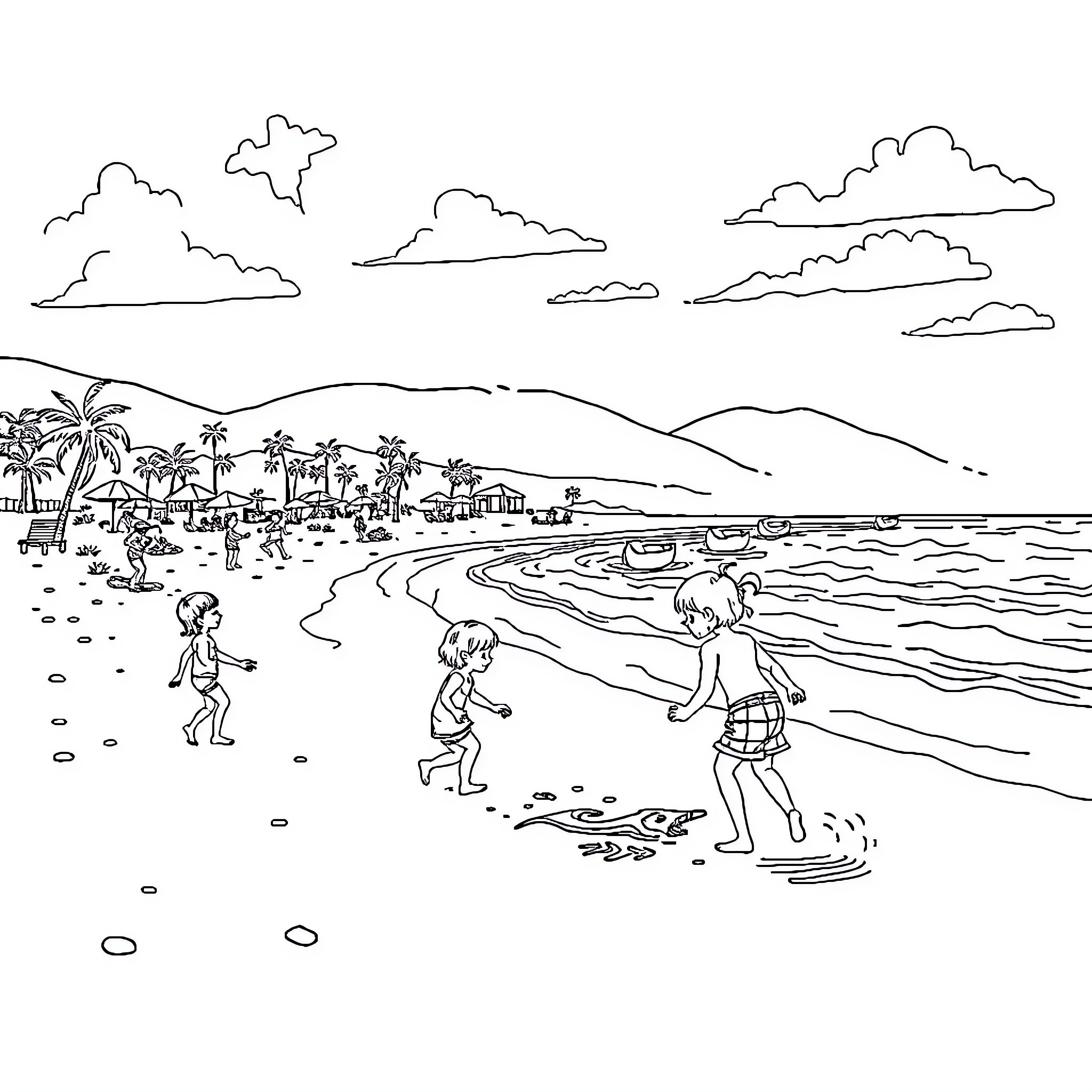 Beach scene with people enjoying the ocean Coloring Page (free black-and-white line drawing printable PDF for all, from beginners to advanced learners, including children, teens, adults, and seniors)