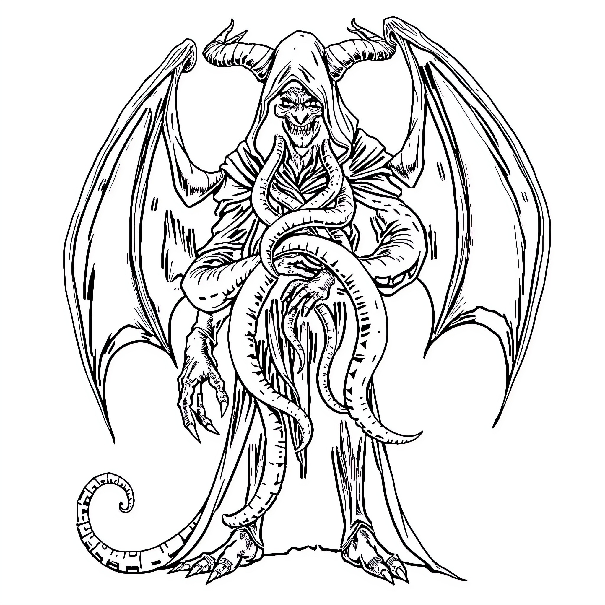 Demon wielding a menacing scythe in a sinister pose Coloring Page (free black-and-white line drawing printable PDF for all, from beginners to advanced learners, including children, teens, adults, and seniors)