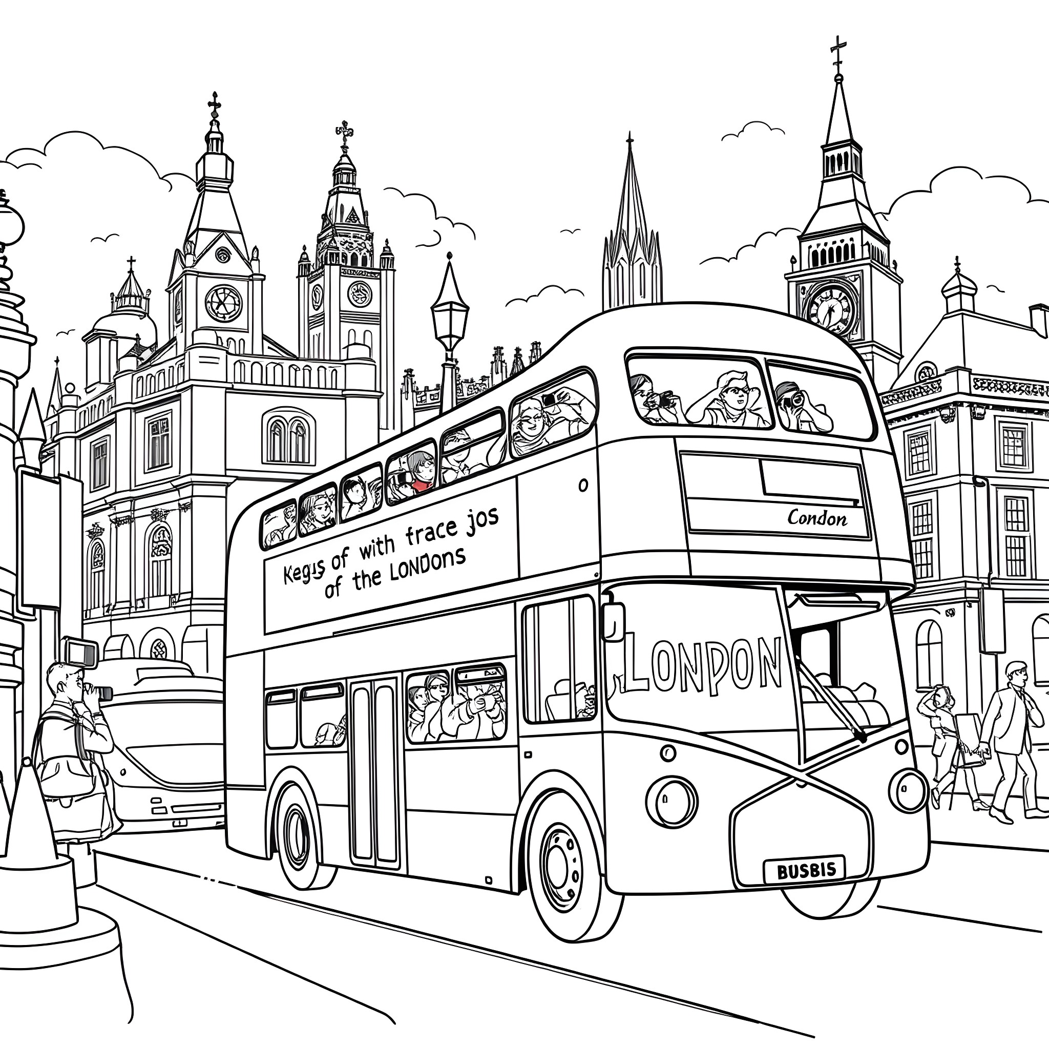 Bus Tour Through Historic London Landmarks Coloring Page (free black-and-white line drawing printable PDF for all, from beginners to advanced learners, including children, teens, adults, and seniors)