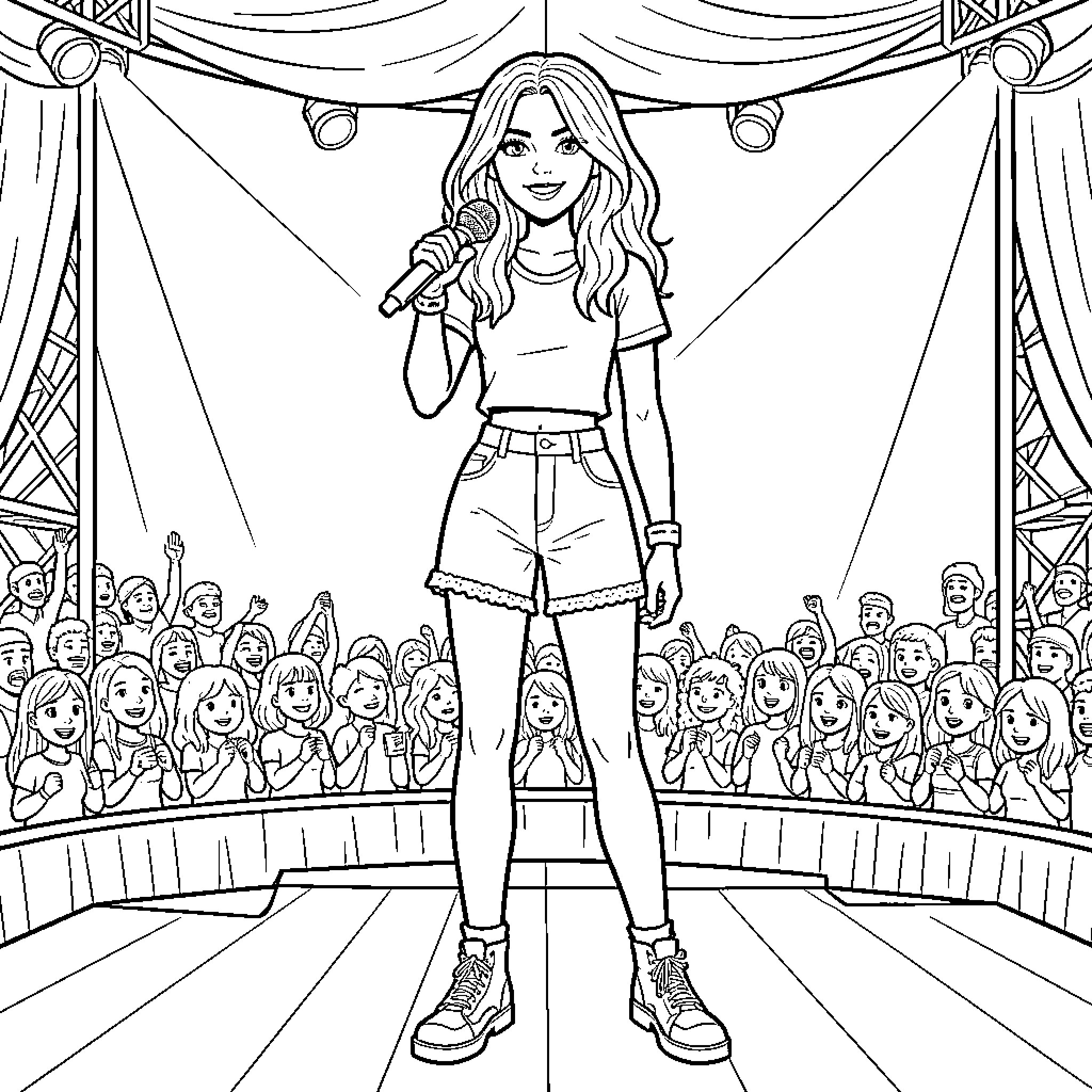 Sabrina Carpenter performing on stage for an enthusiastic crowd Coloring Page (free black-and-white line drawing printable PDF for all, from beginners to advanced learners, including children, teens, adults, and seniors)