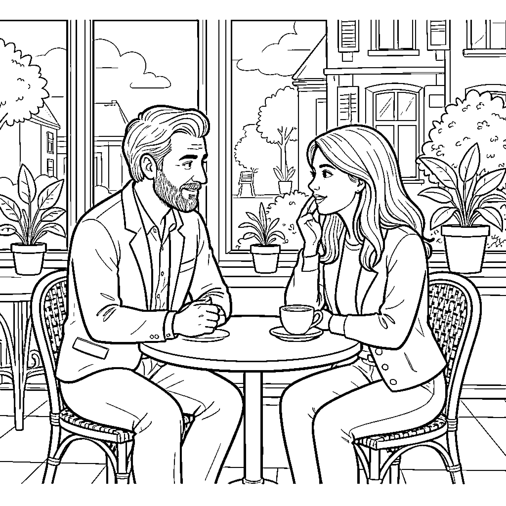 Pierre Garnier having a conversation at a cafe Coloring Page (free black-and-white line drawing printable PDF for all, from beginners to advanced learners, including children, teens, adults, and seniors)