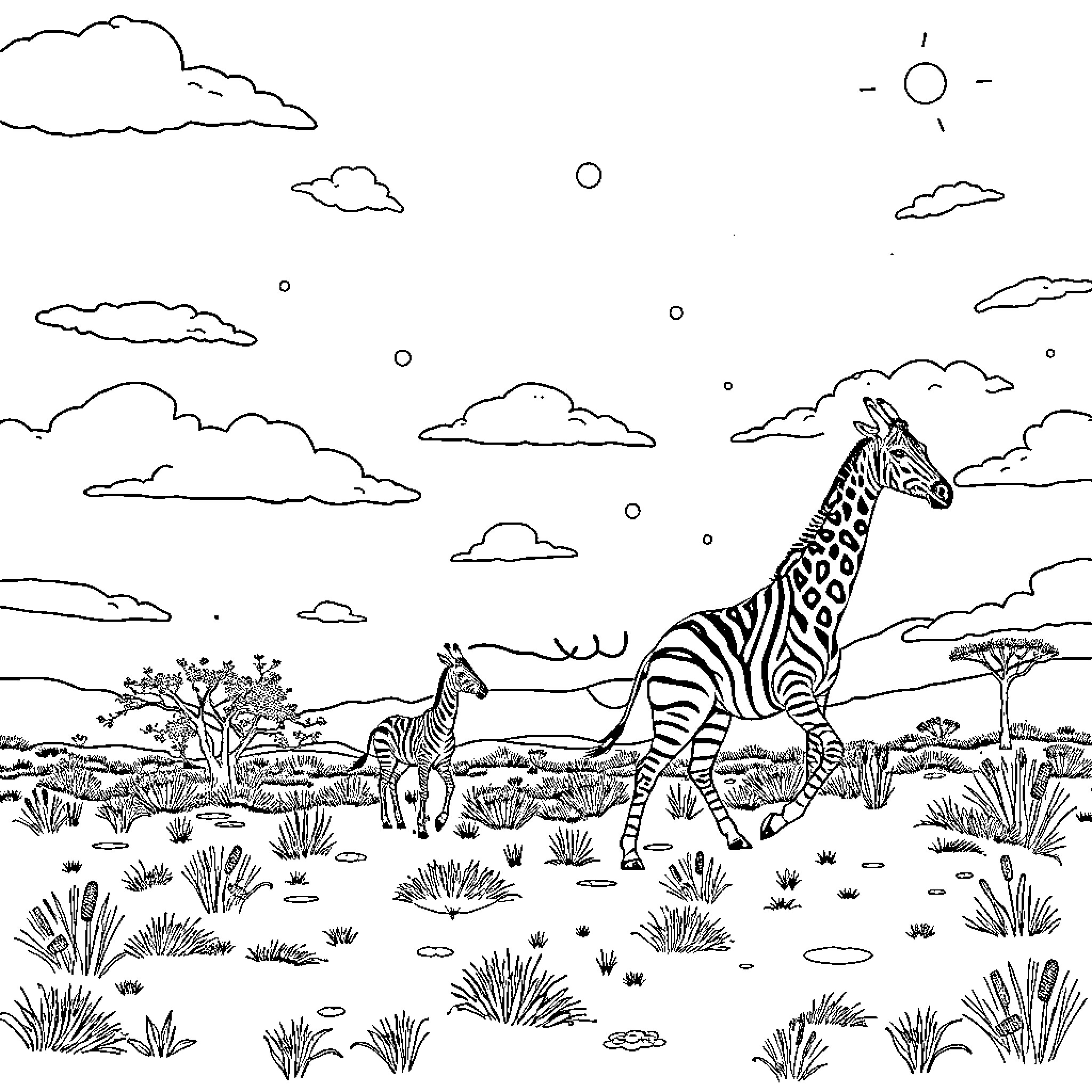 Savanna Animals Grazing in the Wild Coloring Page (free black-and-white line drawing printable PDF for all, from beginners to advanced learners, including children, teens, adults, and seniors)