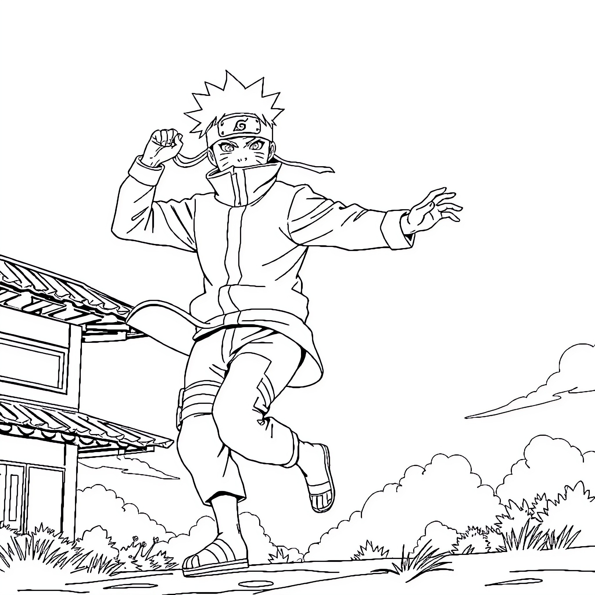 Naruto engaging in ninja training Coloring Page (free black-and-white line drawing printable PDF for all, from beginners to advanced learners, including children, teens, adults, and seniors)