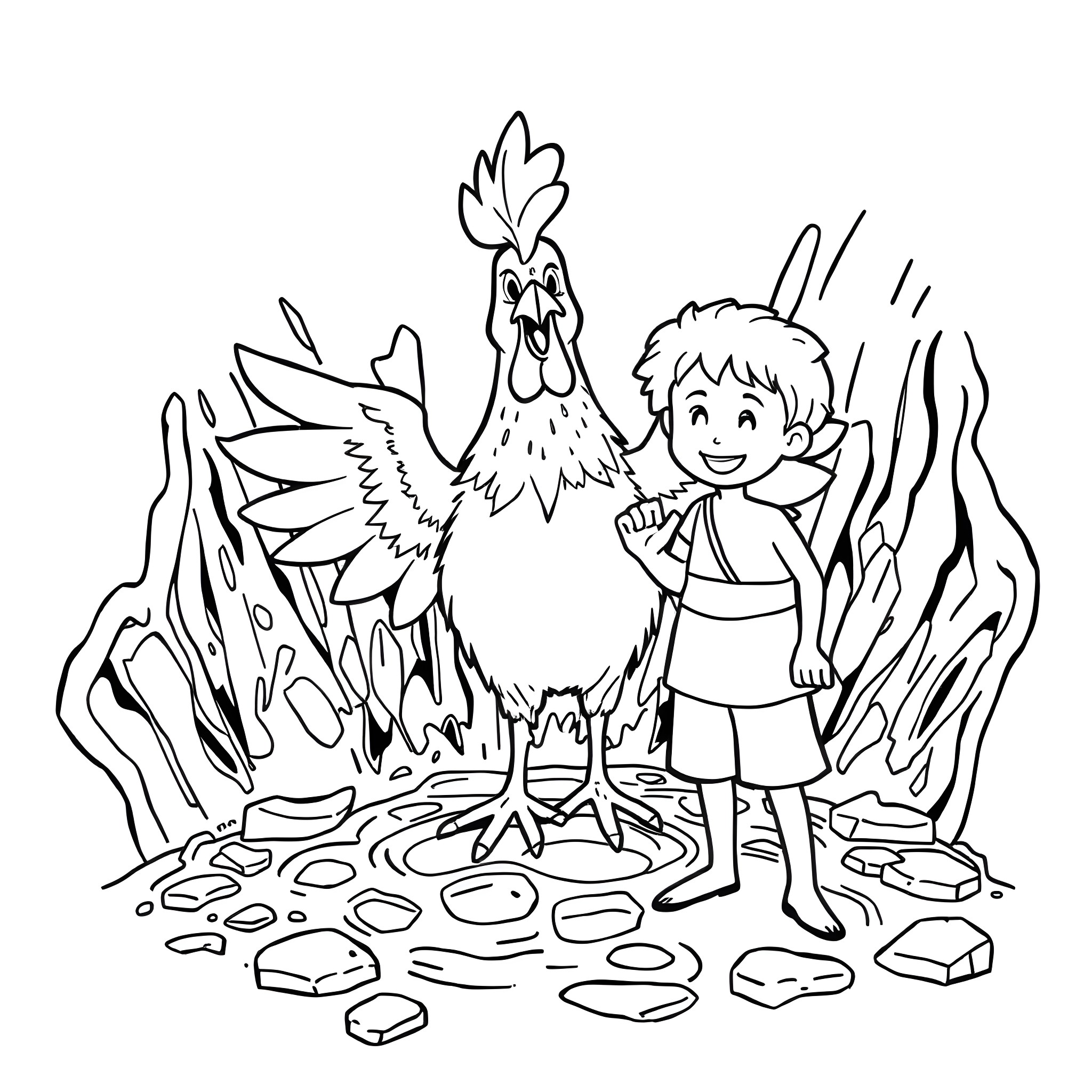 Lava Chicken: Boy and Rooster in Volcanic Landscape Coloring Page (free black-and-white line drawing printable PDF for all, from beginners to advanced learners, including children, teens, adults, and seniors)
