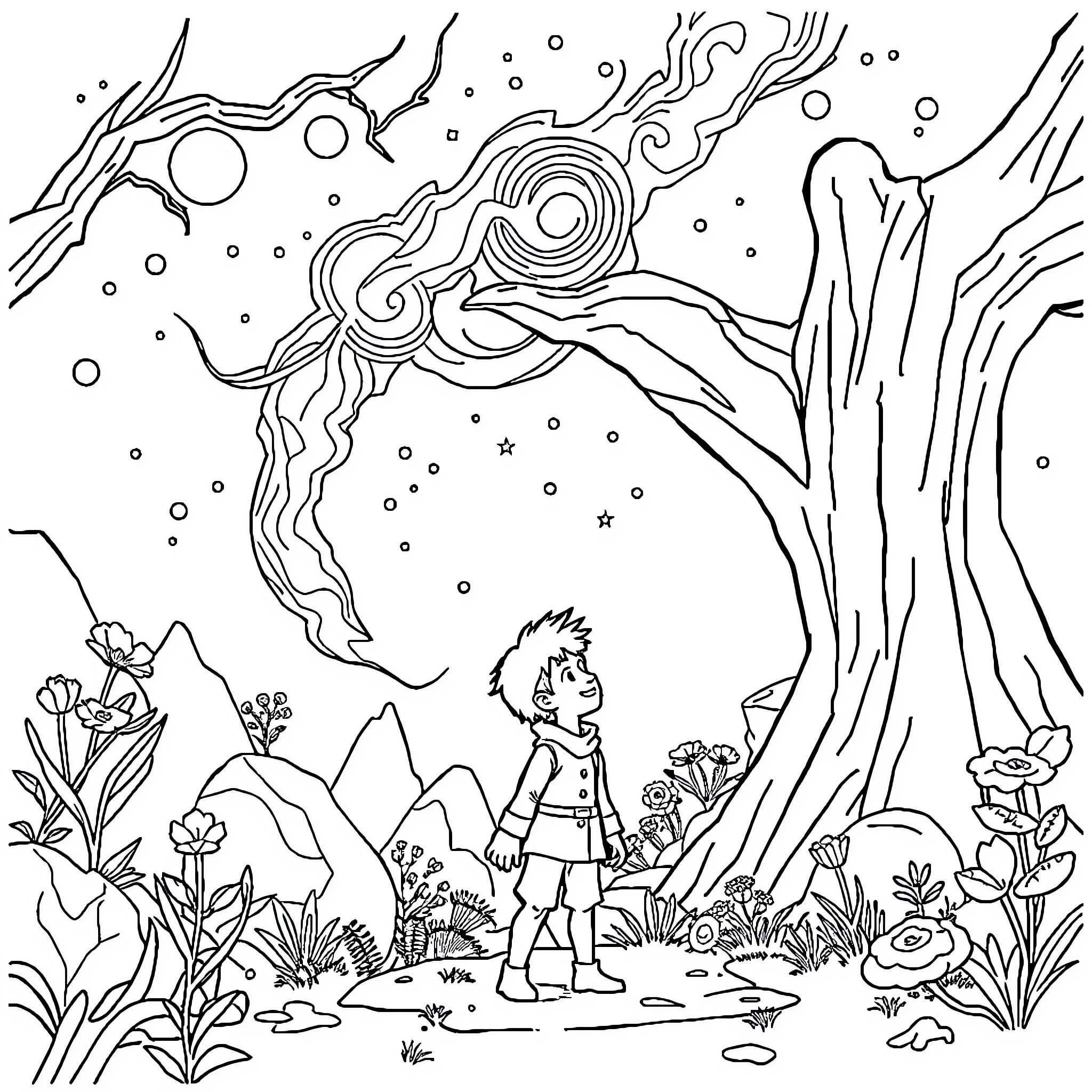 Elio's Wondrous Nature Adventure Coloring Page (free black-and-white line drawing printable PDF for all, from beginners to advanced learners, including children, teens, adults, and seniors)