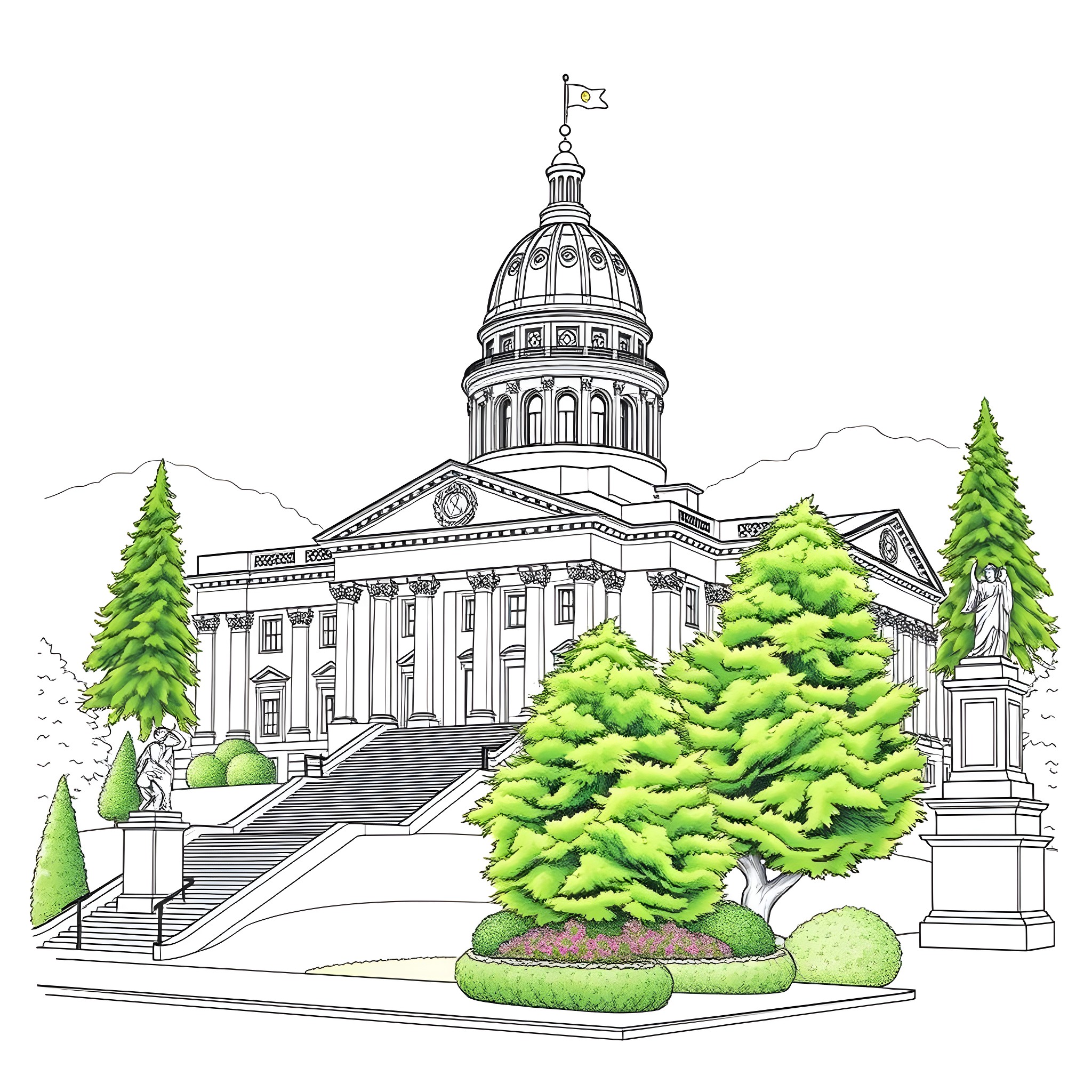 Capitol Building with People and Landscaping Coloring Page (free black-and-white line drawing printable PDF for all, from beginners to advanced learners, including children, teens, adults, and seniors)