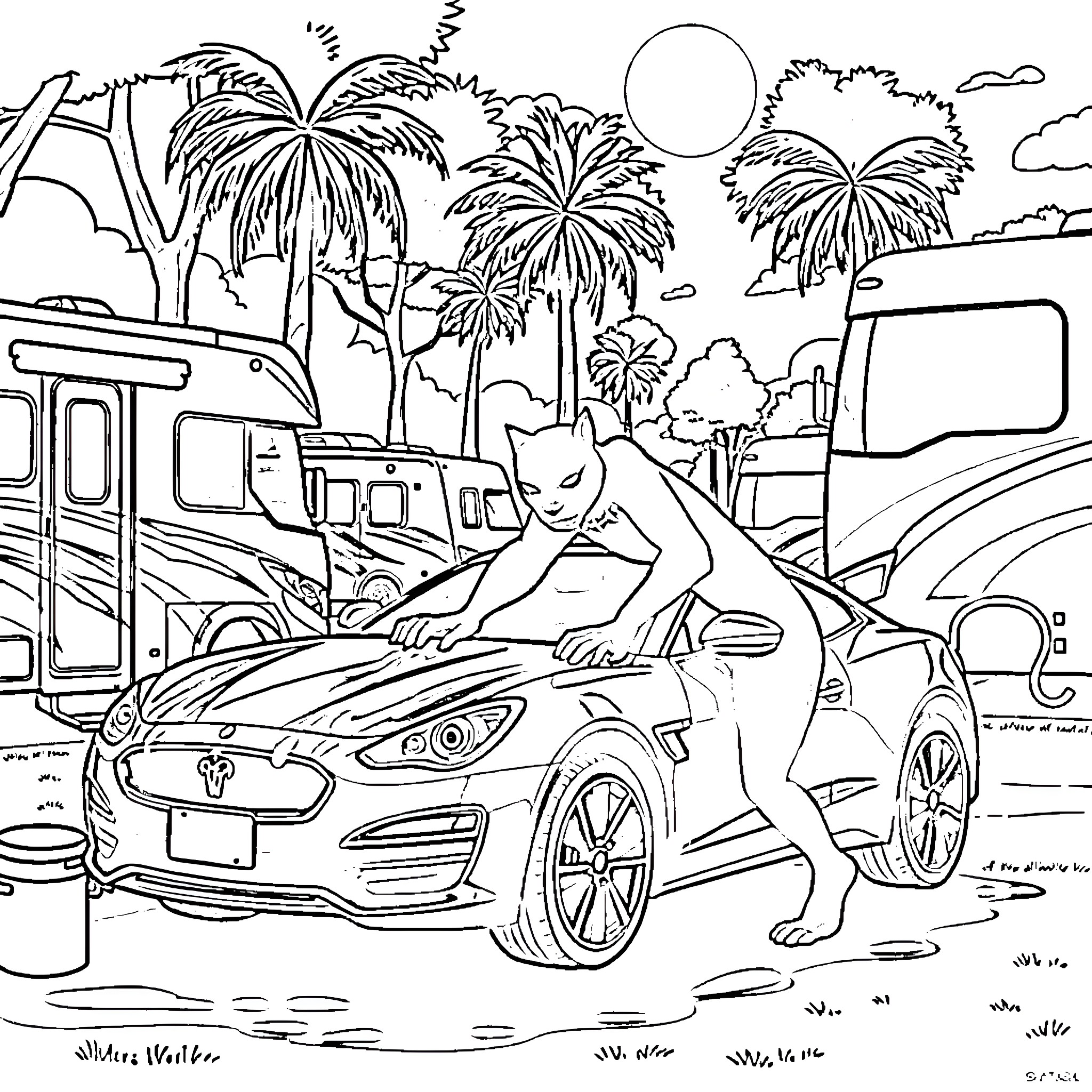Black Panther Enjoying a Tropical Escape Coloring Page (free black-and-white line drawing printable PDF for all, from beginners to advanced learners, including children, teens, adults, and seniors)