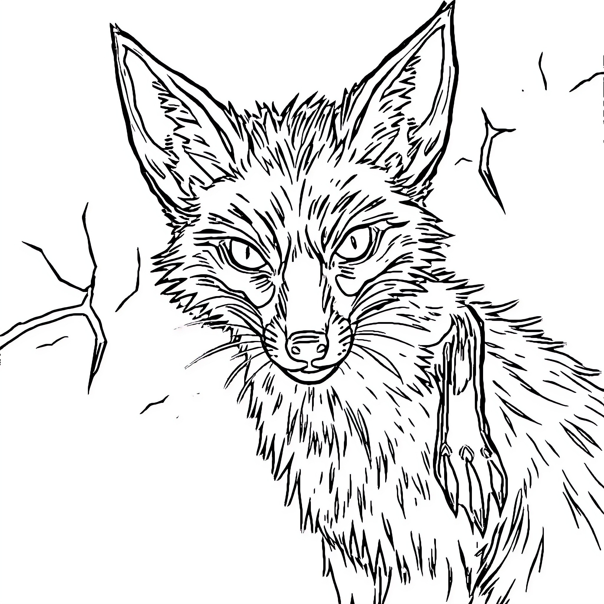 Fox gazing intently with detailed fur and sharp features Coloring Page (free black-and-white line drawing printable PDF for all, from beginners to advanced learners, including children, teens, adults, and seniors)