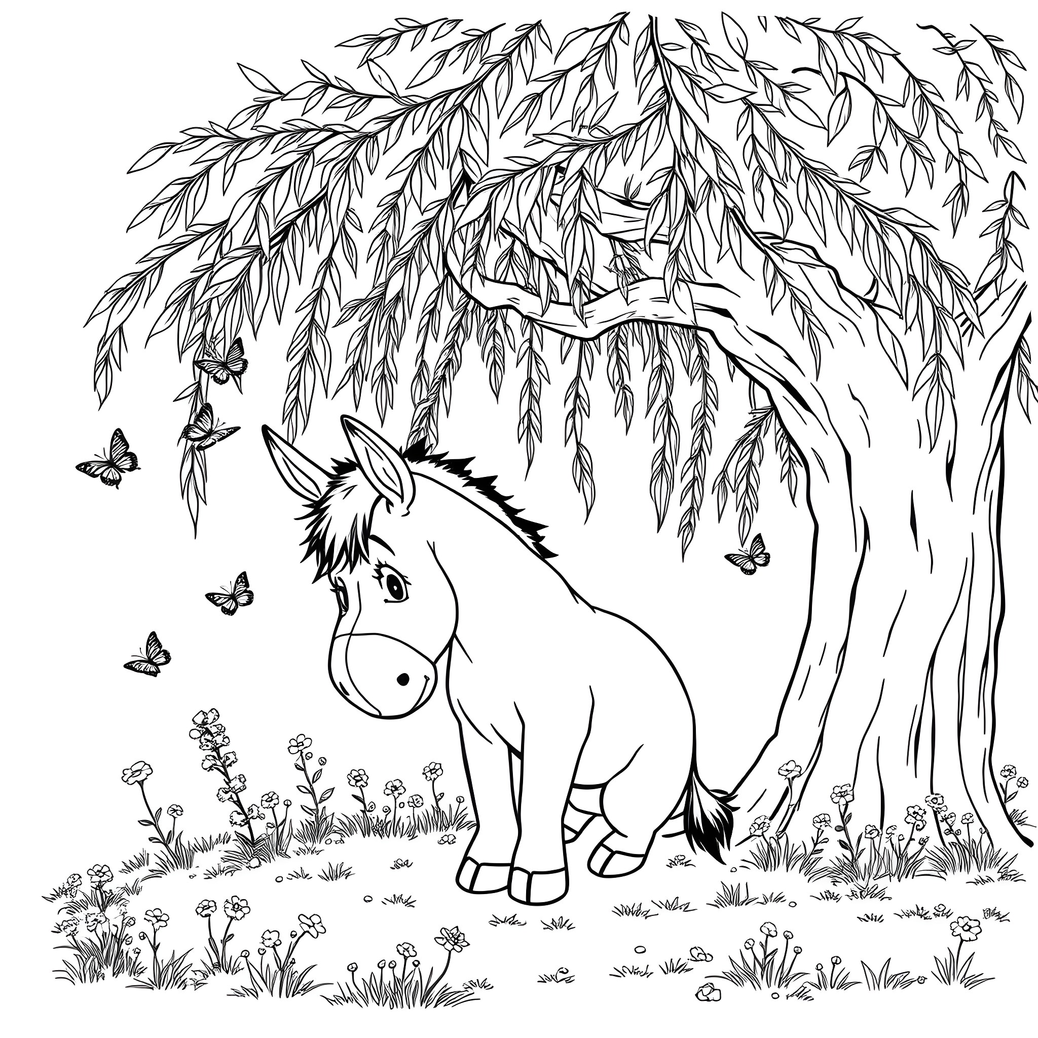 Eeyore exploring the enchanted forest with butterflies Coloring Page (free black-and-white line drawing printable PDF for all, from beginners to advanced learners, including children, teens, adults, and seniors)