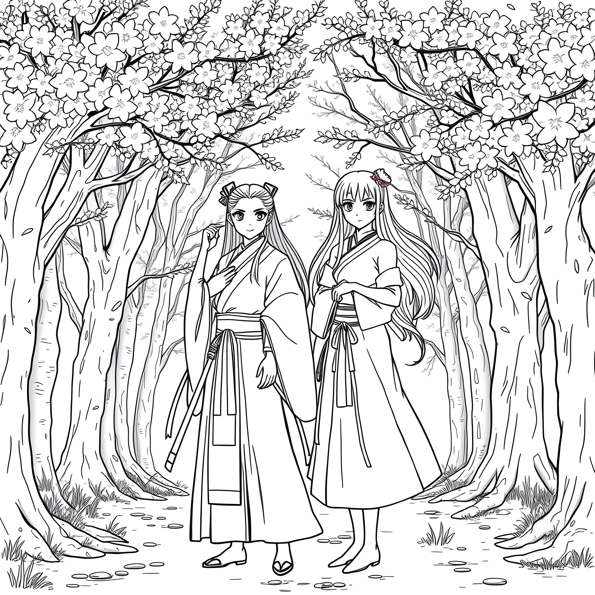 Tsunade and Shizune in the Sakura Forest Coloring Page (free black-and-white line drawing printable PDF for all, from beginners to advanced learners, including children, teens, adults, and seniors)