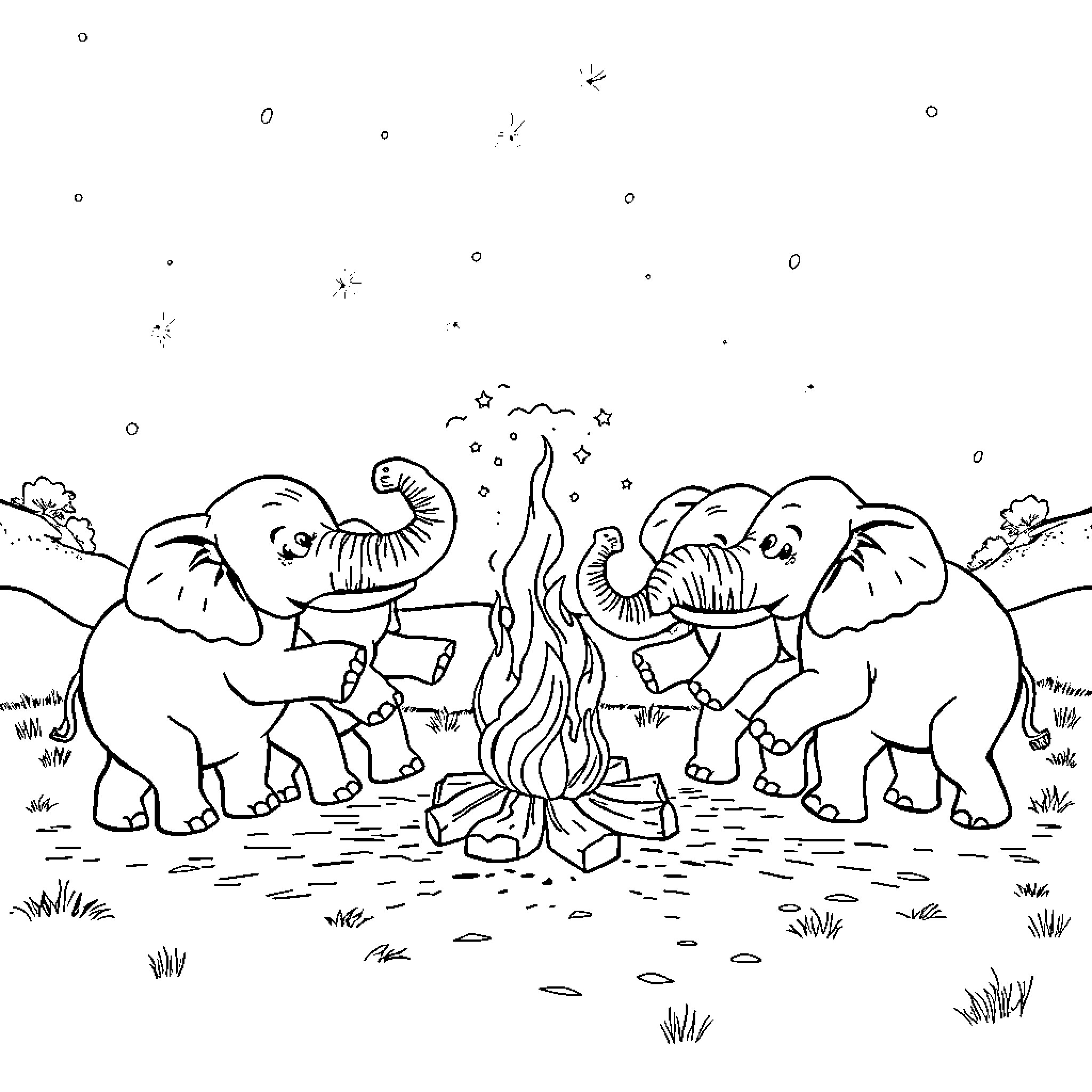 Elephants gathering around a campfire Coloring Page (free black-and-white line drawing printable PDF for all, from beginners to advanced learners, including children, teens, adults, and seniors)