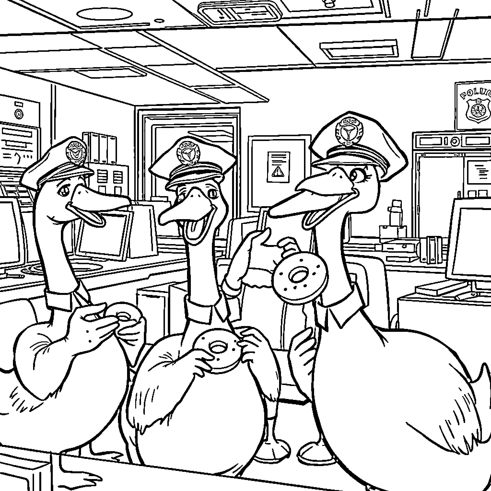 Goose police officers in the police station Coloring Page (free black-and-white line drawing printable PDF for all, from beginners to advanced learners, including children, teens, adults, and seniors)