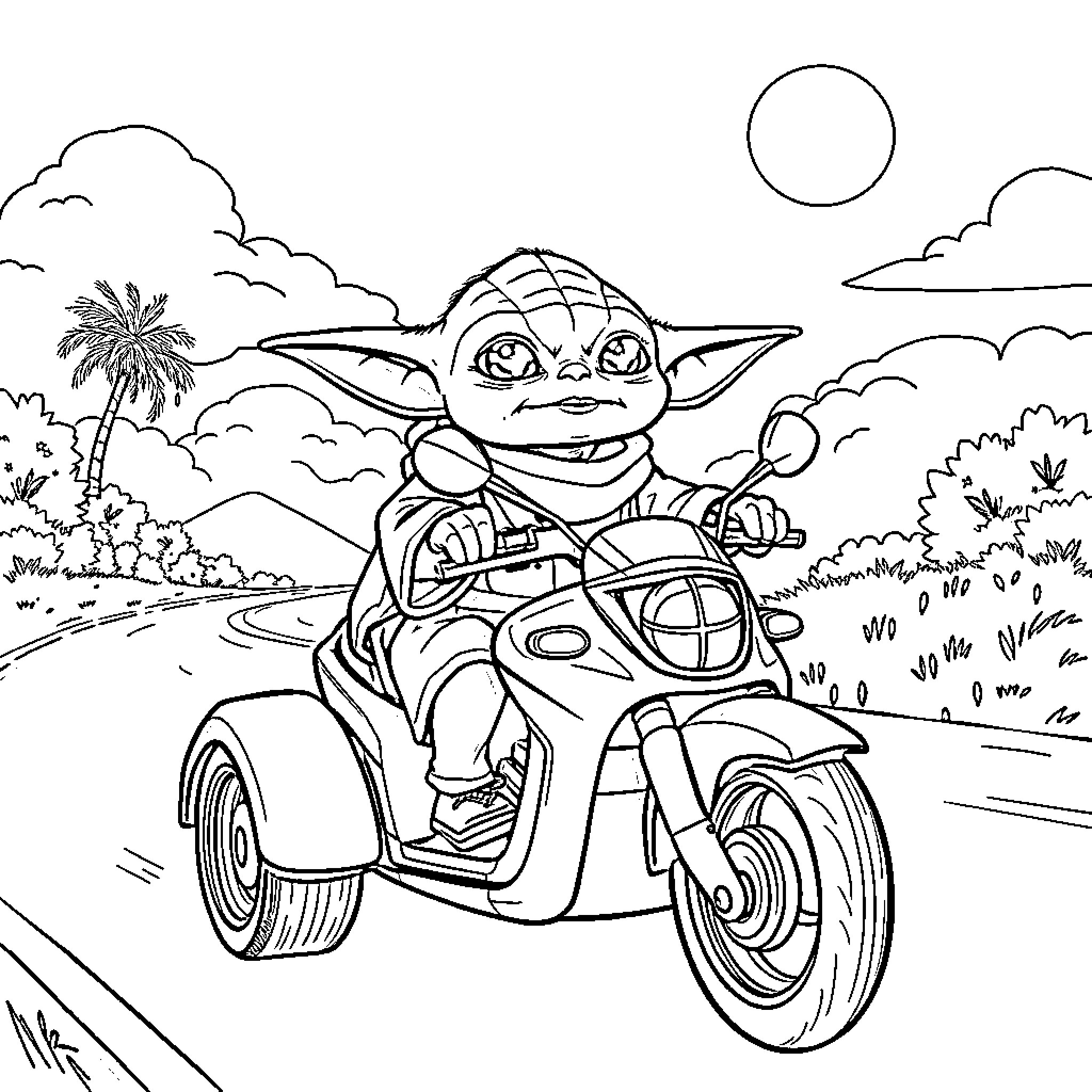 Yoda riding a futuristic motorcycle in a lush landscape Coloring Page (free black-and-white line drawing printable PDF for all, from beginners to advanced learners, including children, teens, adults, and seniors)