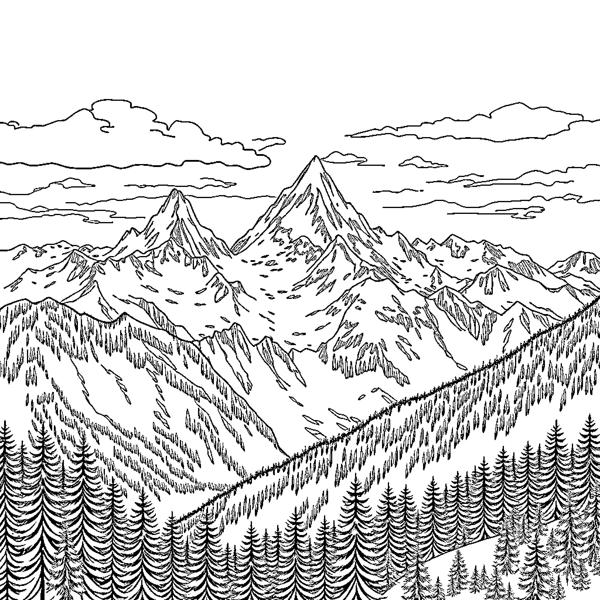 Mountain Landscape with Towering Peaks and Evergreen Forests Coloring Page (free black-and-white line drawing printable PDF for all, from beginners to advanced learners, including children, teens, adults, and seniors)