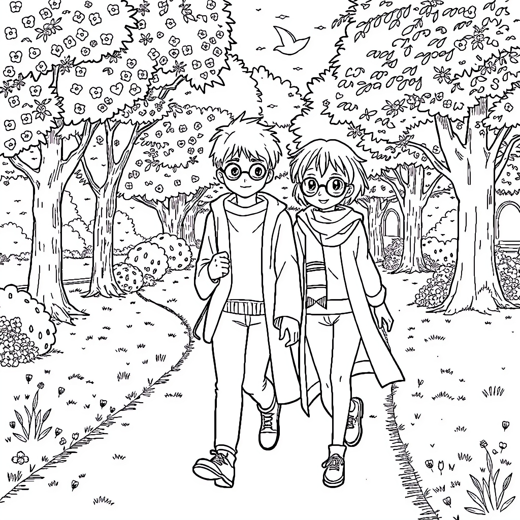 Kuromi and friends explore the enchanted forest Coloring Page (free black-and-white line drawing printable PDF for all, from beginners to advanced learners, including children, teens, adults, and seniors)