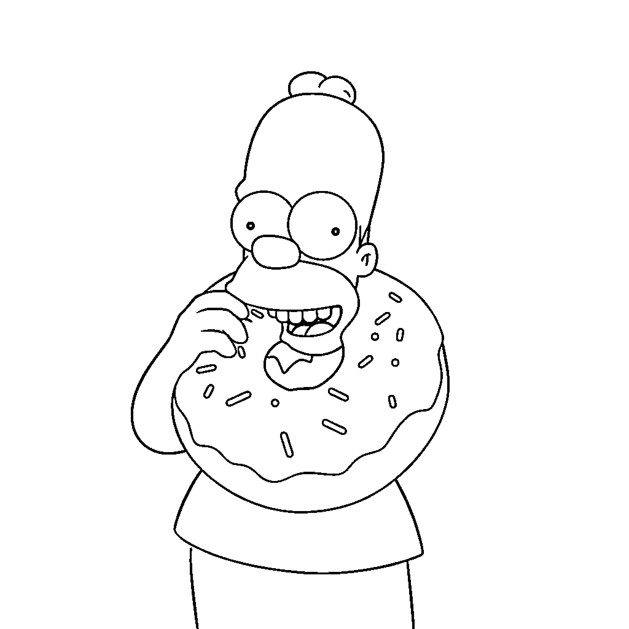 Homer enjoying a delicious donut Coloring Page (free black-and-white line drawing printable PDF for all, from beginners to advanced learners, including children, teens, adults, and seniors)