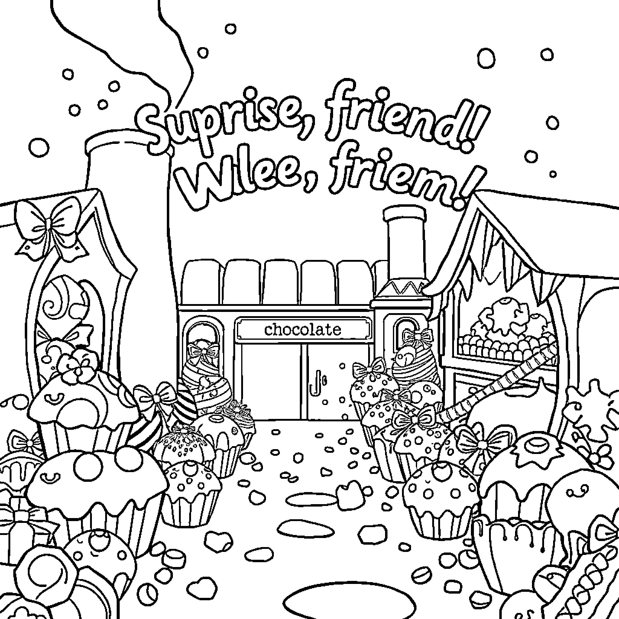 Chocolate Factory with Surprise, friend! Wilee, friend! Coloring Page (free black-and-white line drawing printable PDF for all, from beginners to advanced learners, including children, teens, adults, and seniors)