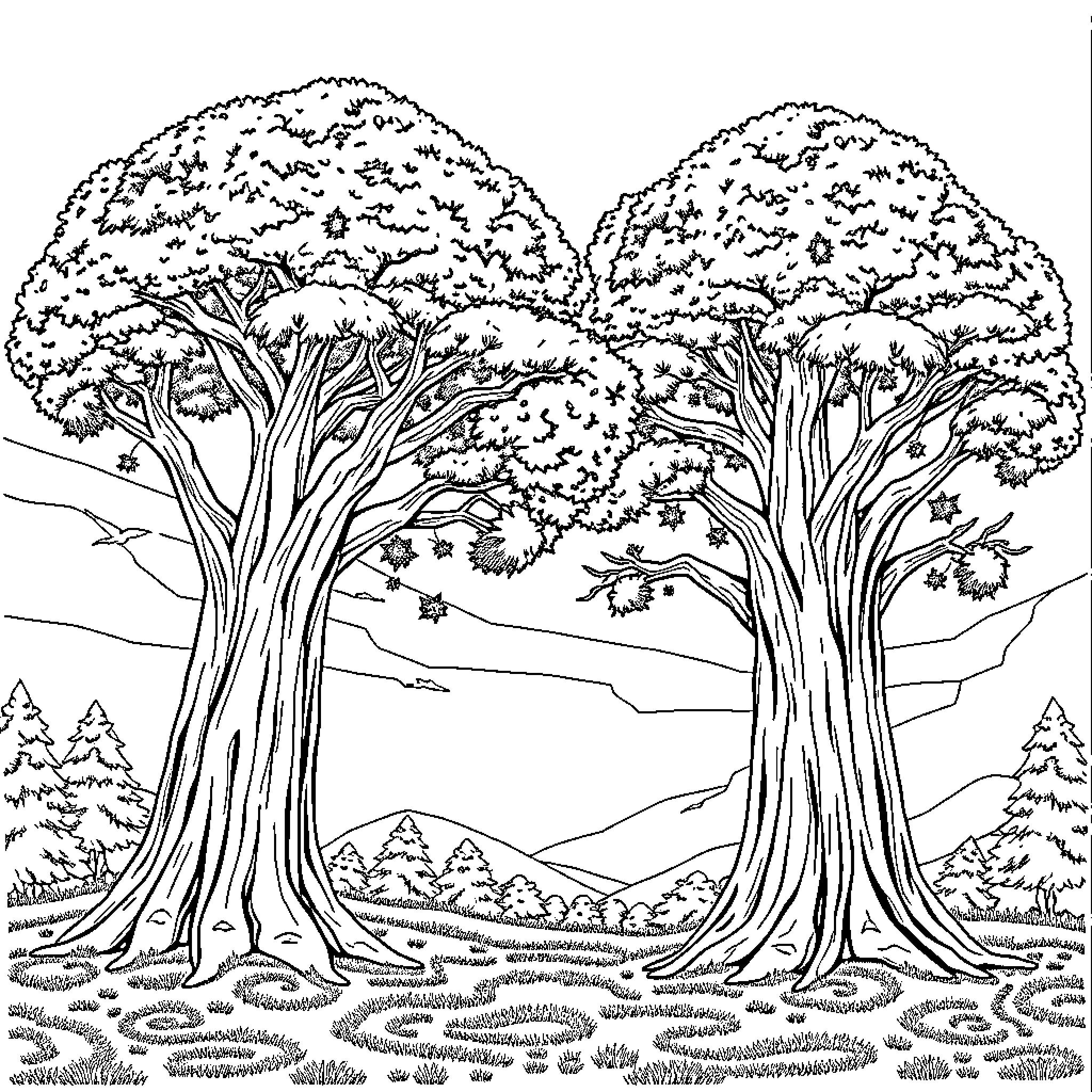 Tree-lined Forest Landscape Coloring Page (free black-and-white line drawing printable PDF for all, from beginners to advanced learners, including children, teens, adults, and seniors)