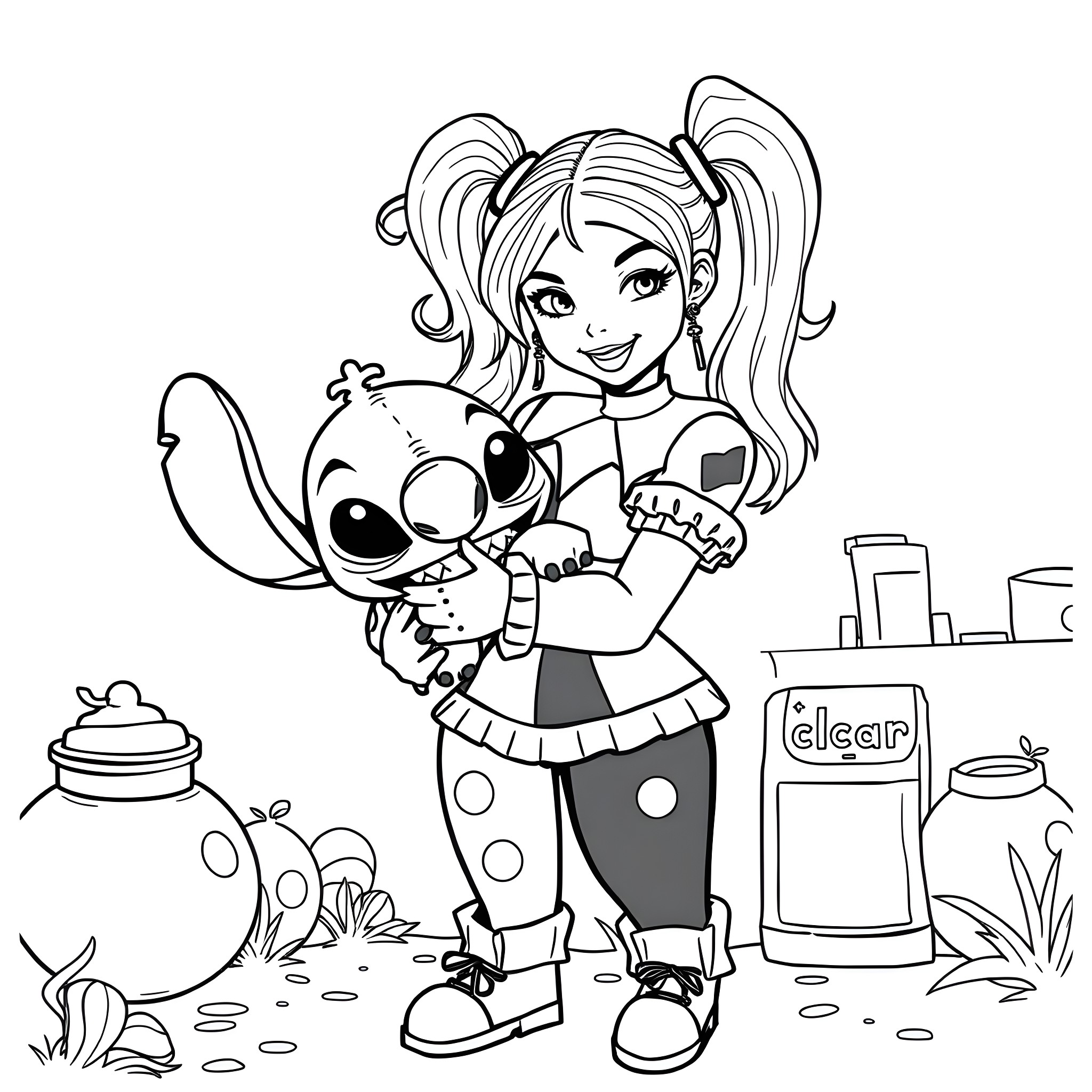 Harley Quinn and her playful companion Coloring Page (free black-and-white line drawing printable PDF for all, from beginners to advanced learners, including children, teens, adults, and seniors)
