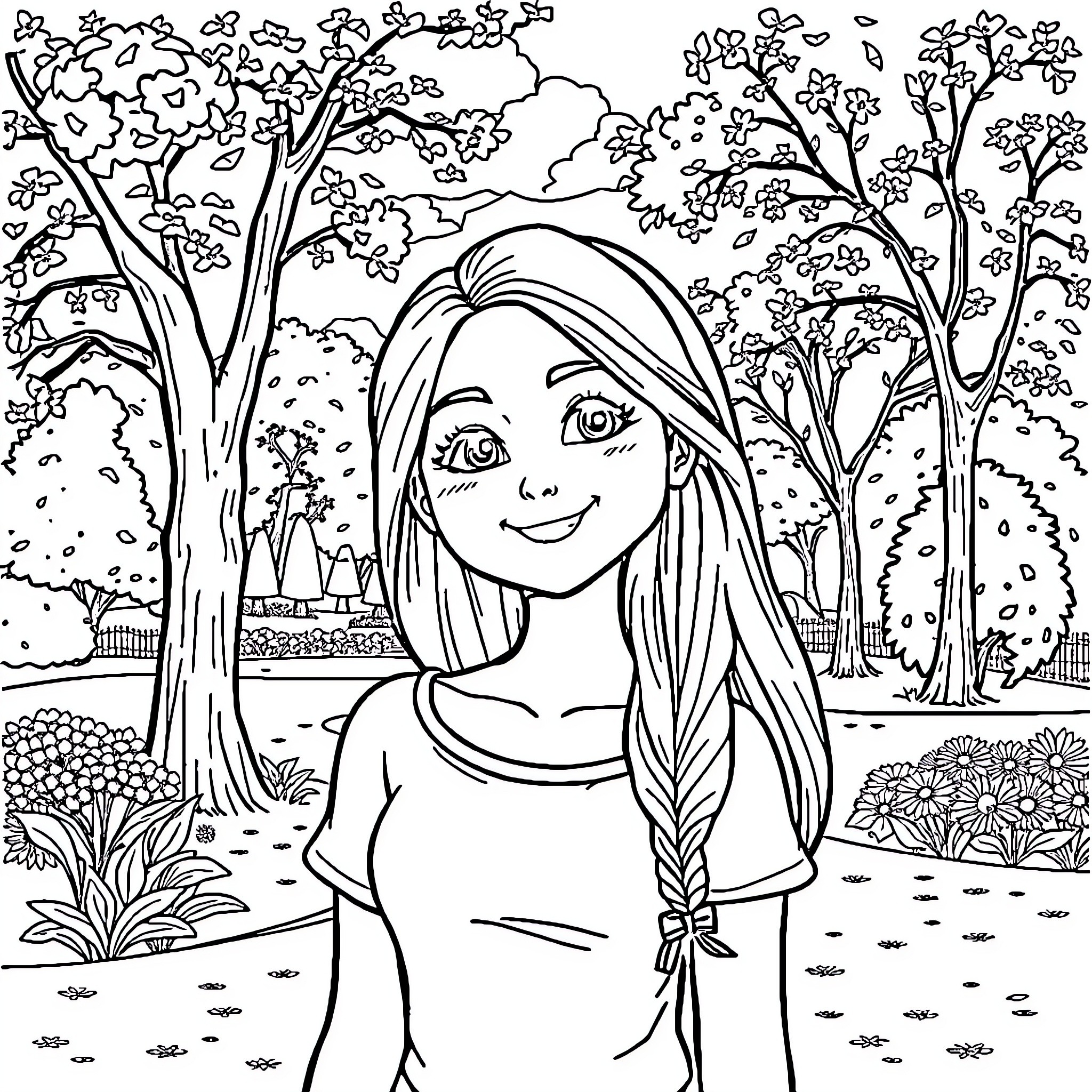 Elena in a Whimsical Forest Scene Coloring Page (free black-and-white line drawing printable PDF for all, from beginners to advanced learners, including children, teens, adults, and seniors)