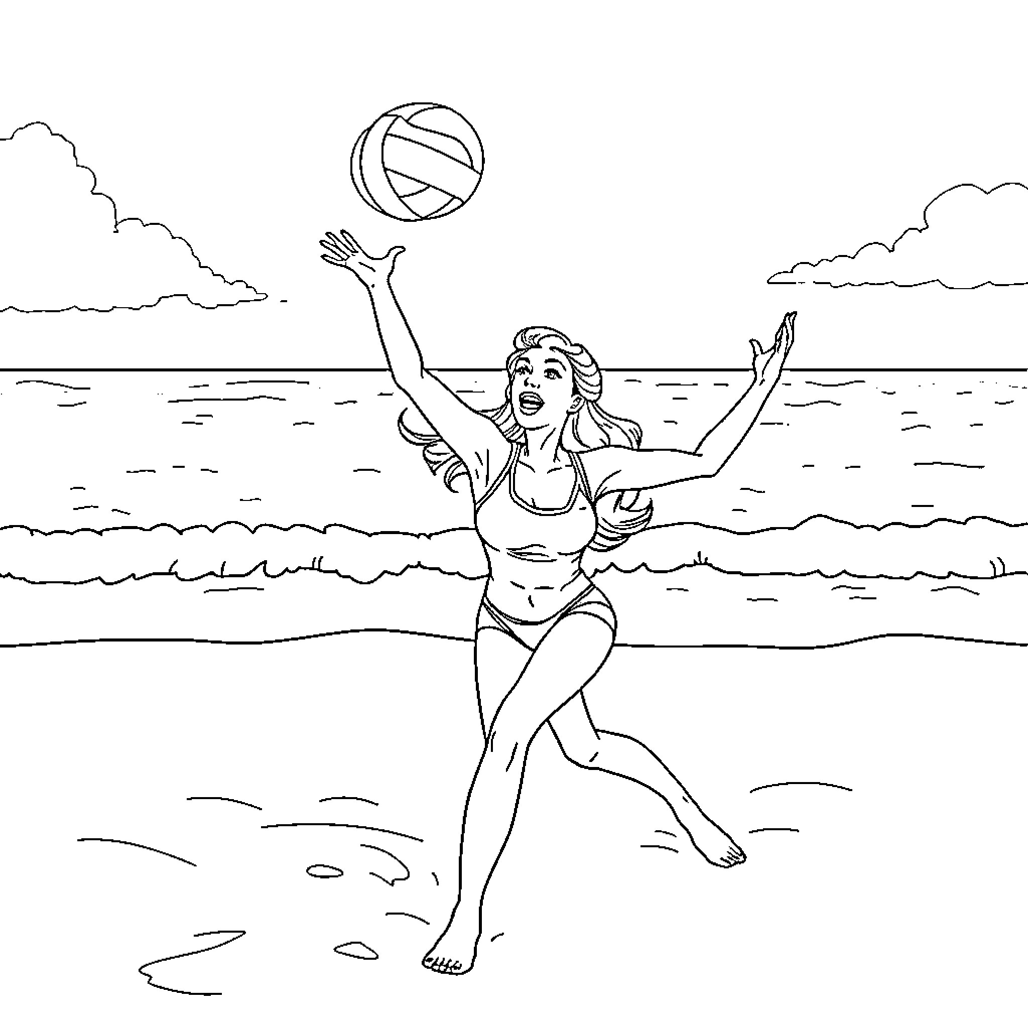 Miss Rachel enjoying a beach volleyball game Coloring Page (free black-and-white line drawing printable PDF for all, from beginners to advanced learners, including children, teens, adults, and seniors)
