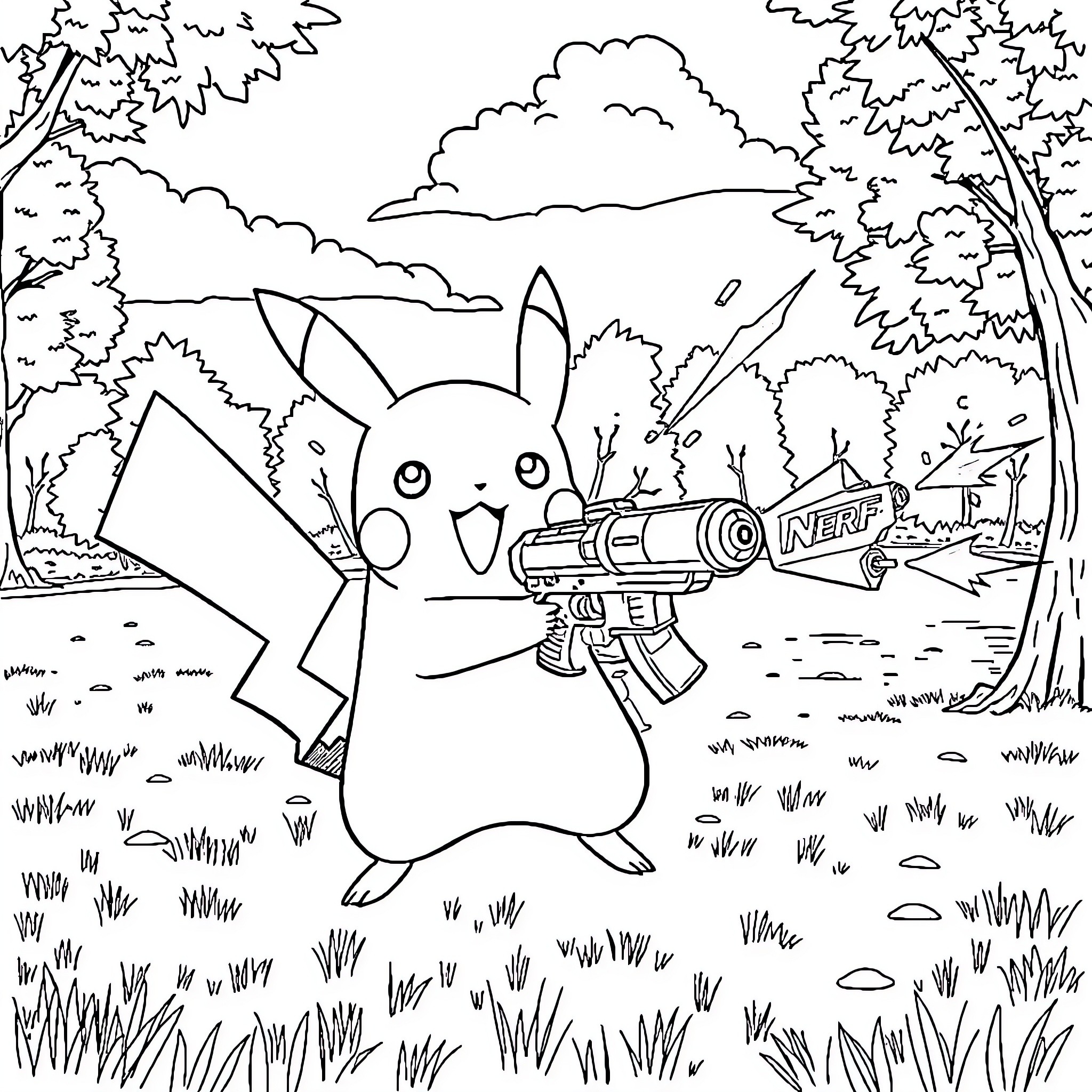 Pikachu wielding a Nerf blaster in the forest Coloring Page (free black-and-white line drawing printable PDF for all, from beginners to advanced learners, including children, teens, adults, and seniors)