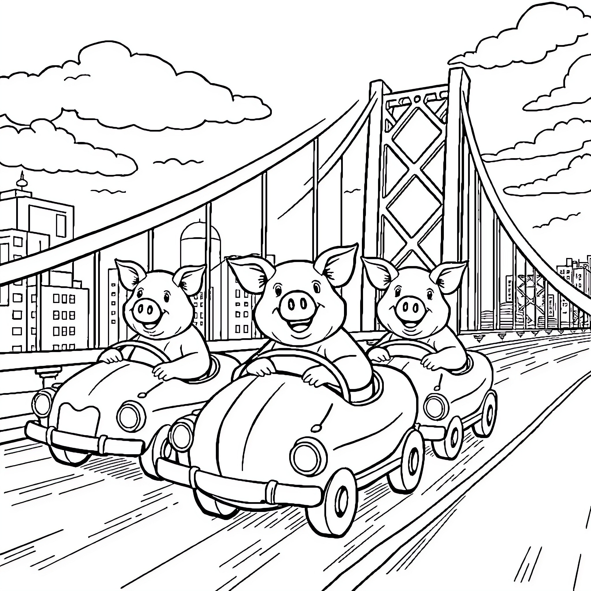 Pigs driving cars over a city bridge Coloring Page (free black-and-white line drawing printable PDF for all, from beginners to advanced learners, including children, teens, adults, and seniors)