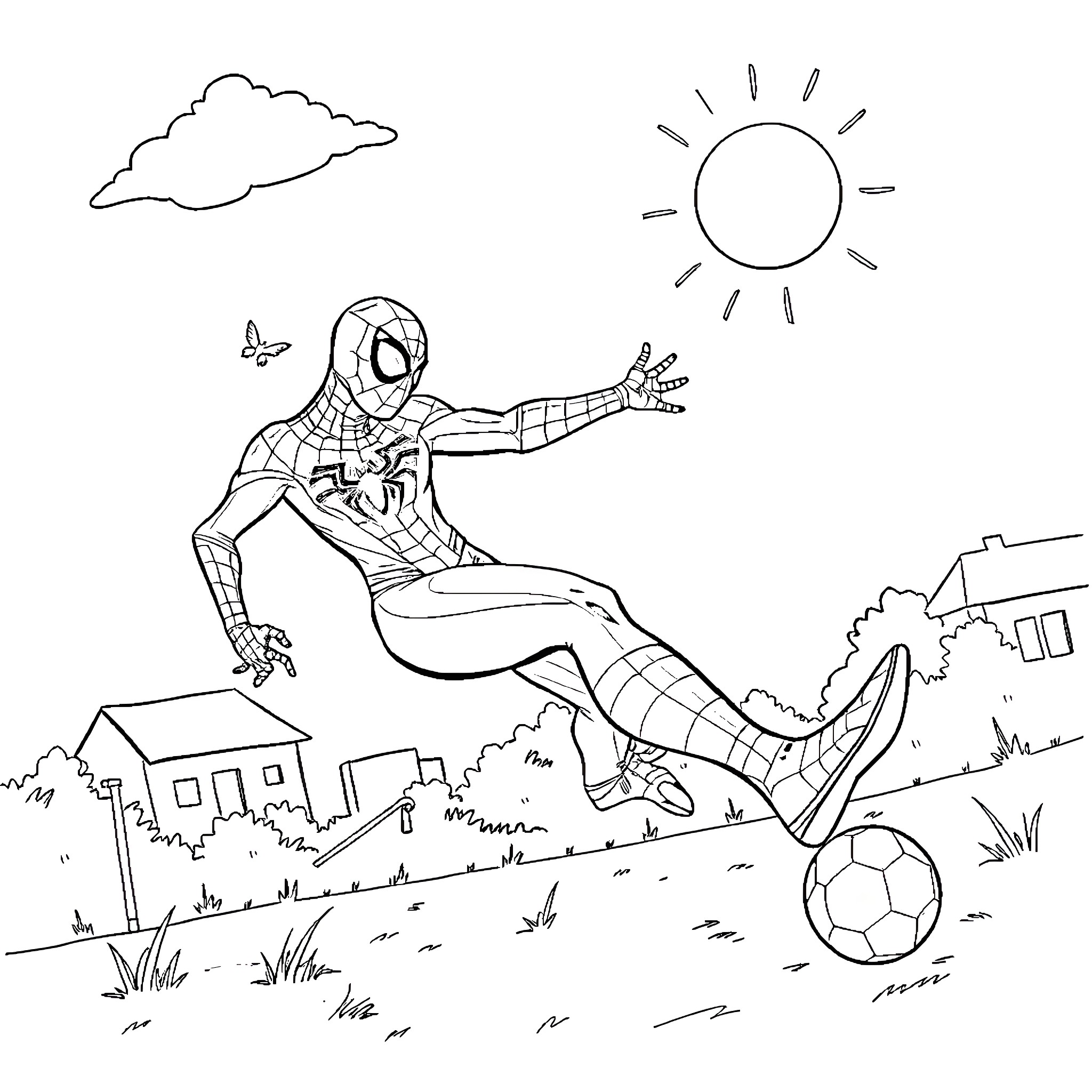 Spiderman swinging through the city in action Coloring Page (free black-and-white line drawing printable PDF for all, from beginners to advanced learners, including children, teens, adults, and seniors)