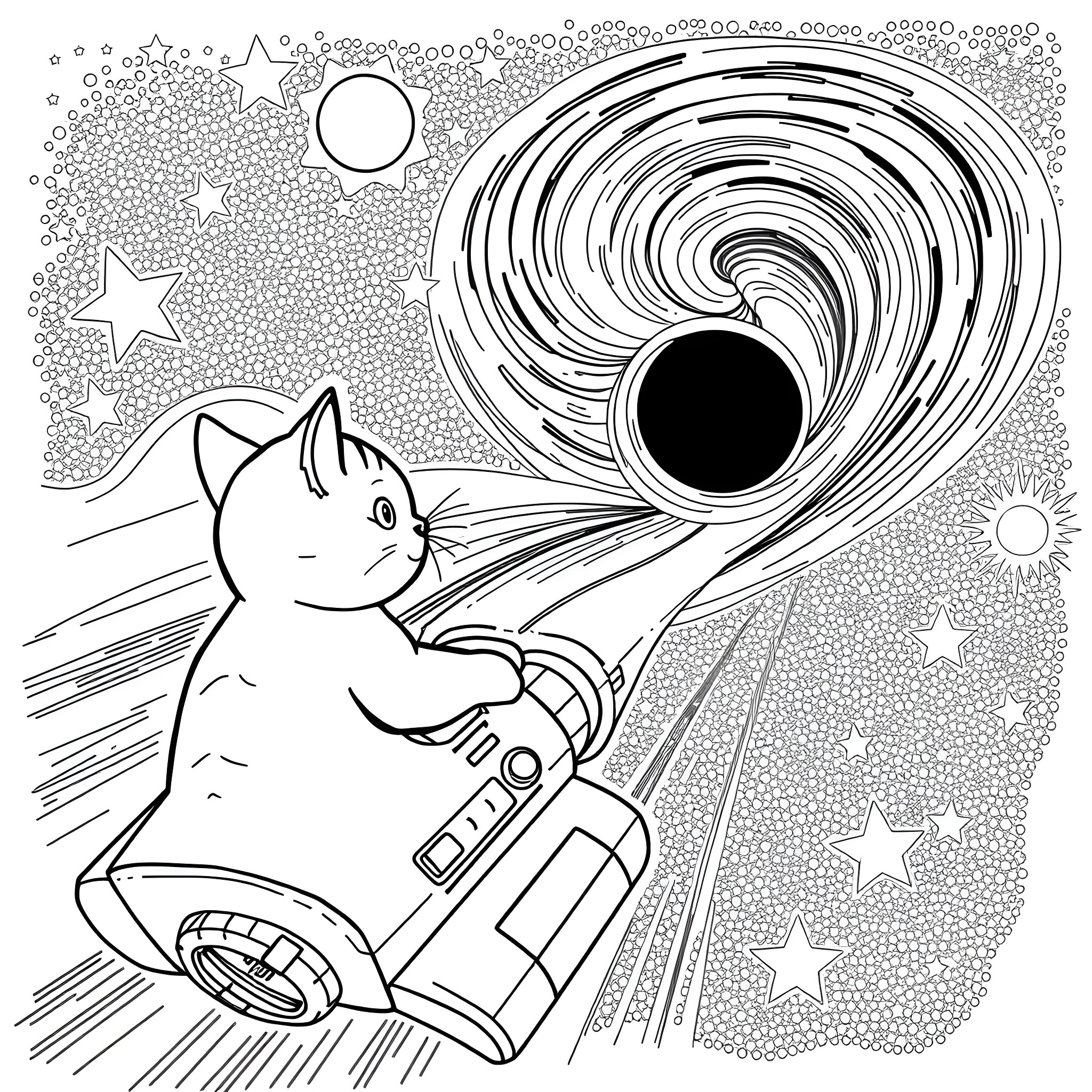 Cat in a rocket ship exploring the galaxy Coloring Page (free black-and-white line drawing printable PDF for all, from beginners to advanced learners, including children, teens, adults, and seniors)