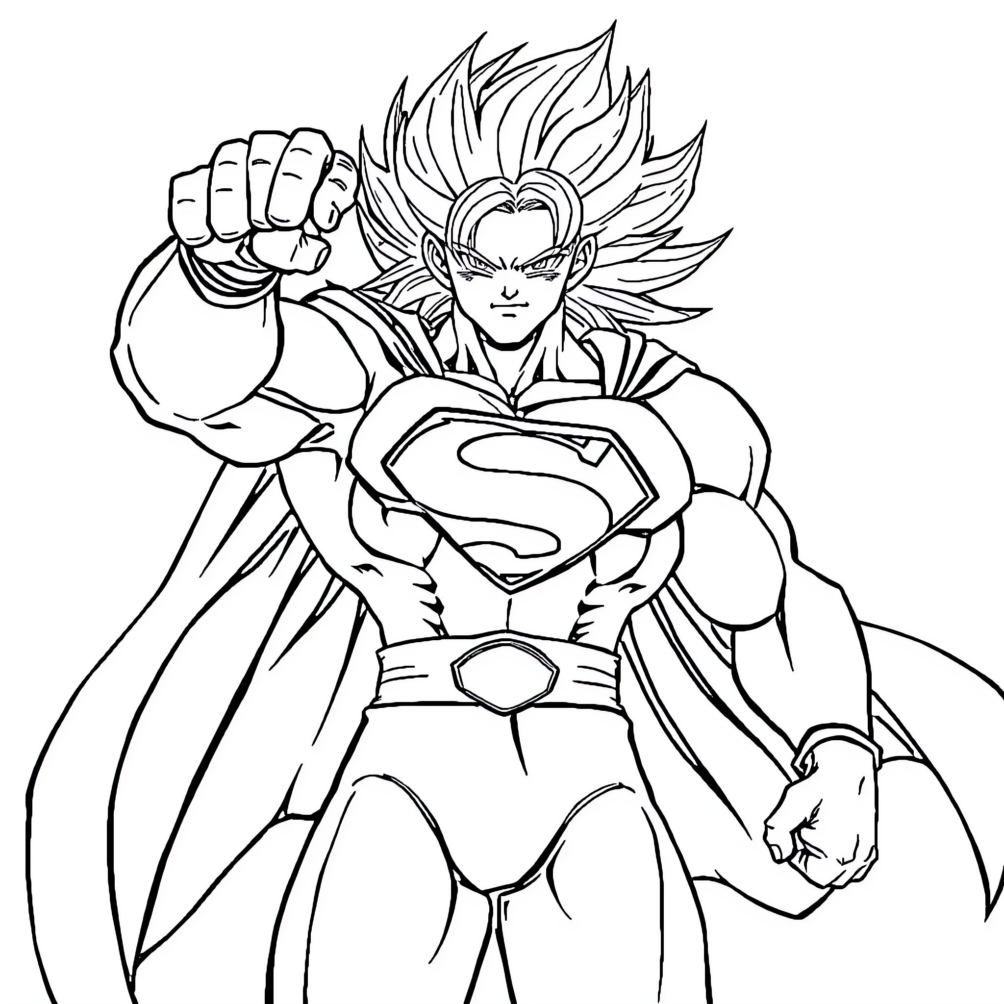 Superman in a powerful heroic pose Coloring Page (free black-and-white line drawing printable PDF for all, from beginners to advanced learners, including children, teens, adults, and seniors)