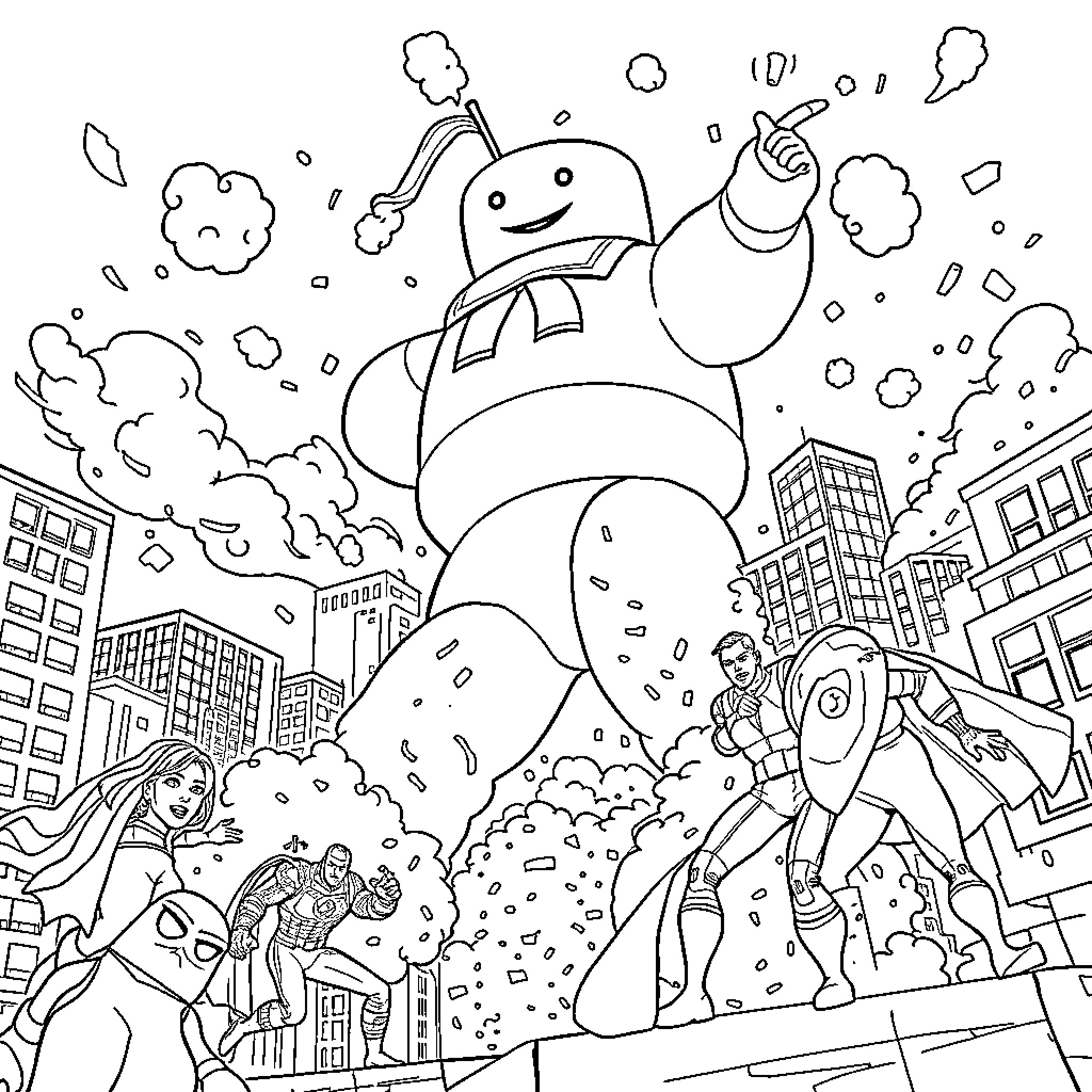 Avengers Assemble in an Animated City Battle Coloring Page (free black-and-white line drawing printable PDF for all, from beginners to advanced learners, including children, teens, adults, and seniors)