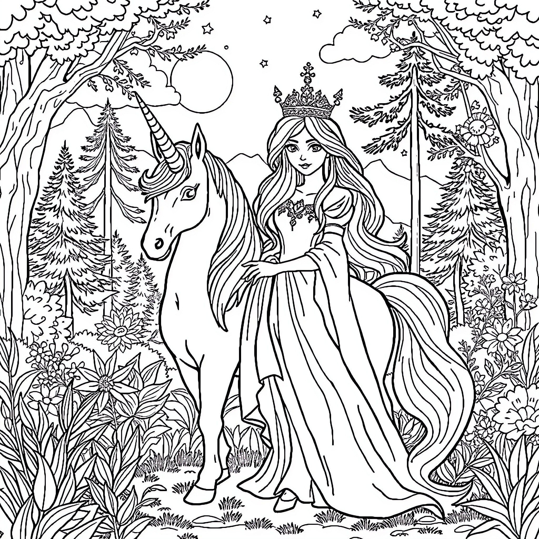 Unicorn Princess in a Magical Forest Coloring Page (free black-and-white line drawing printable PDF for all, from beginners to advanced learners, including children, teens, adults, and seniors)