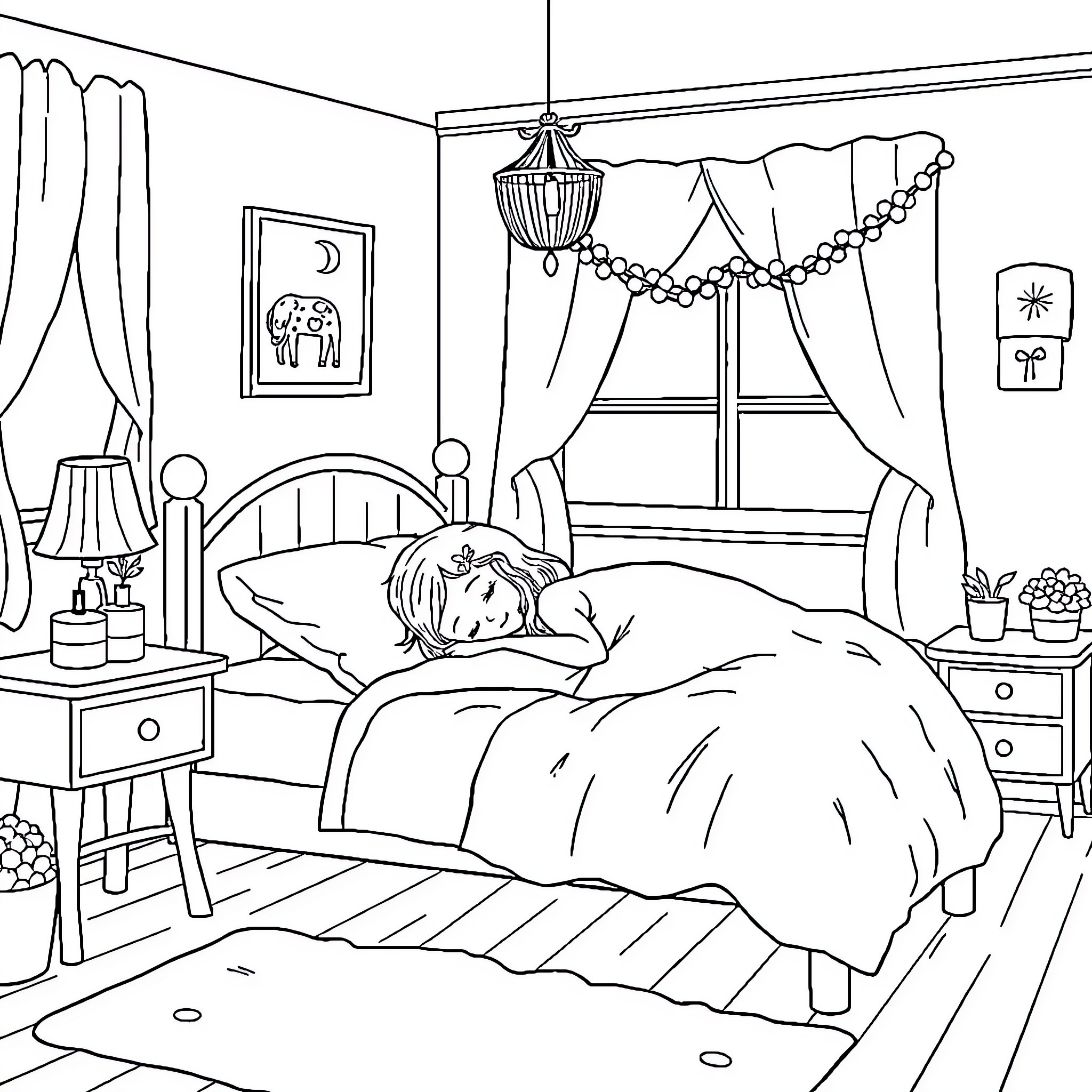 Girl resting peacefully in her bedroom Coloring Page (free black-and-white line drawing printable PDF for all, from beginners to advanced learners, including children, teens, adults, and seniors)