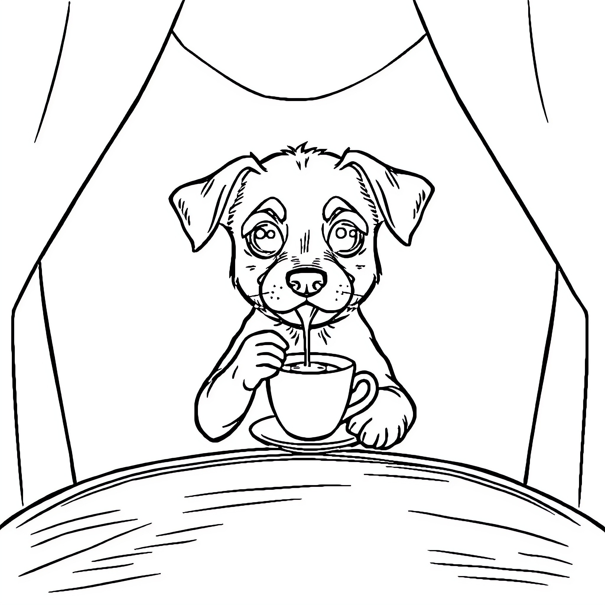 Dog Enjoying a Warm Beverage Coloring Page (free black-and-white line drawing printable PDF for all, from beginners to advanced learners, including children, teens, adults, and seniors)