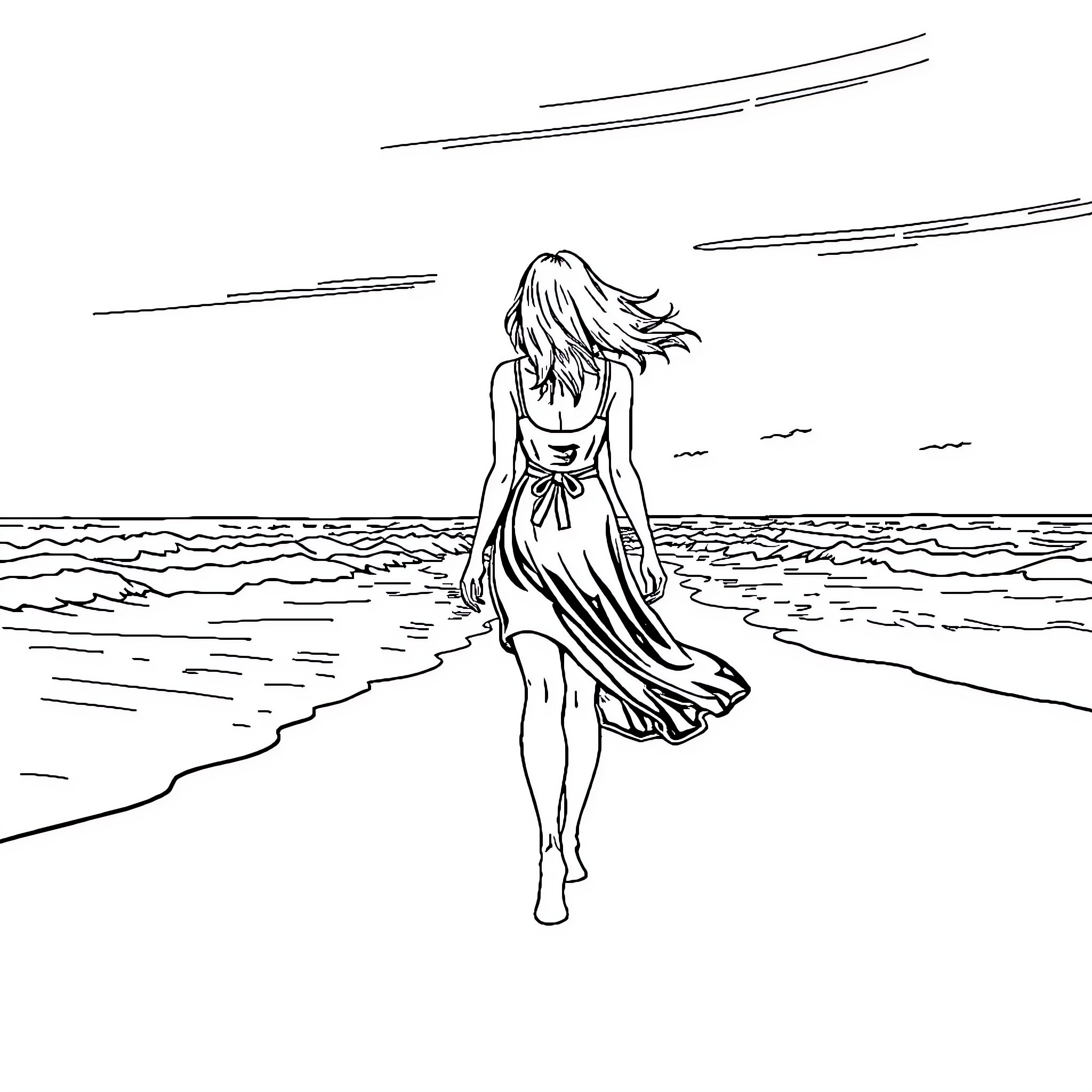 Woman walking along the beach Coloring Page (free black-and-white line drawing printable PDF for all, from beginners to advanced learners, including children, teens, adults, and seniors)