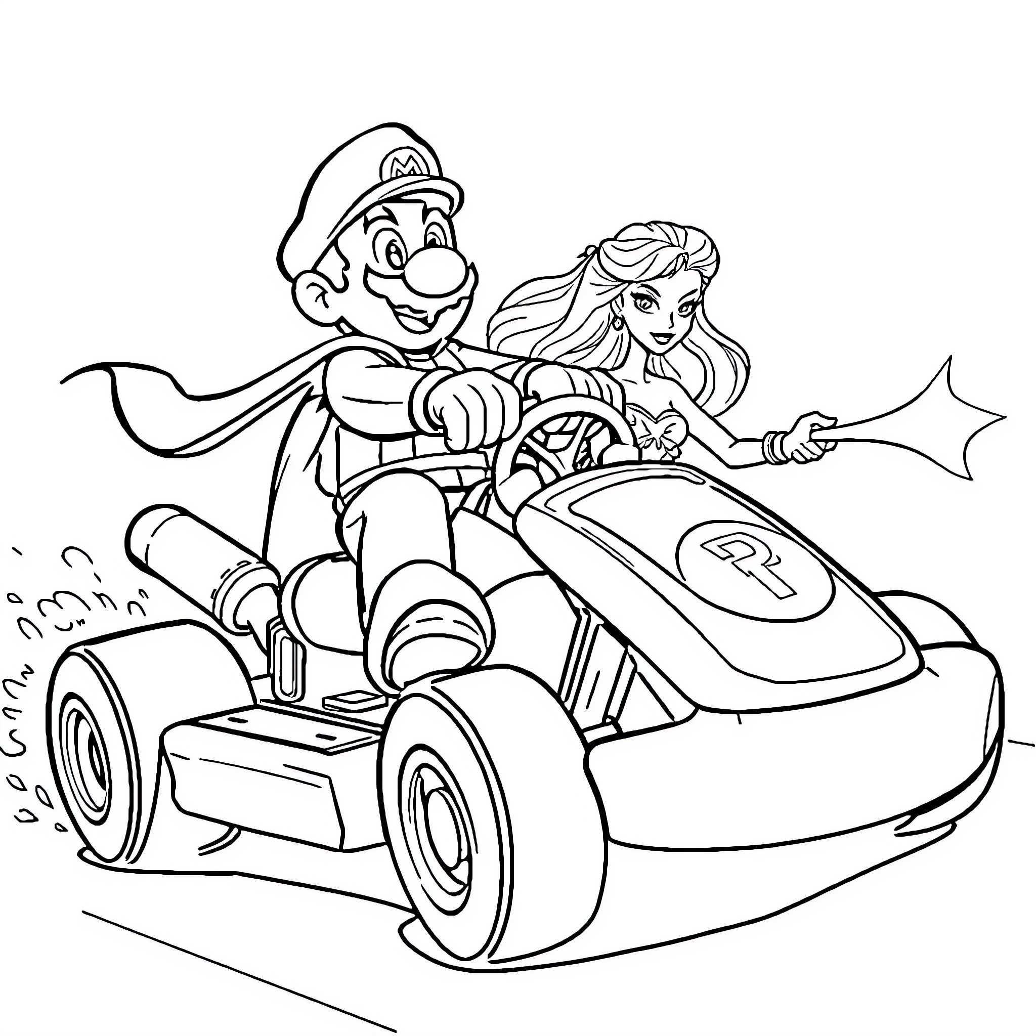 Mario and Princess Driving a Go-Kart Coloring Page (free black-and-white line drawing printable PDF for all, from beginners to advanced learners, including children, teens, adults, and seniors)