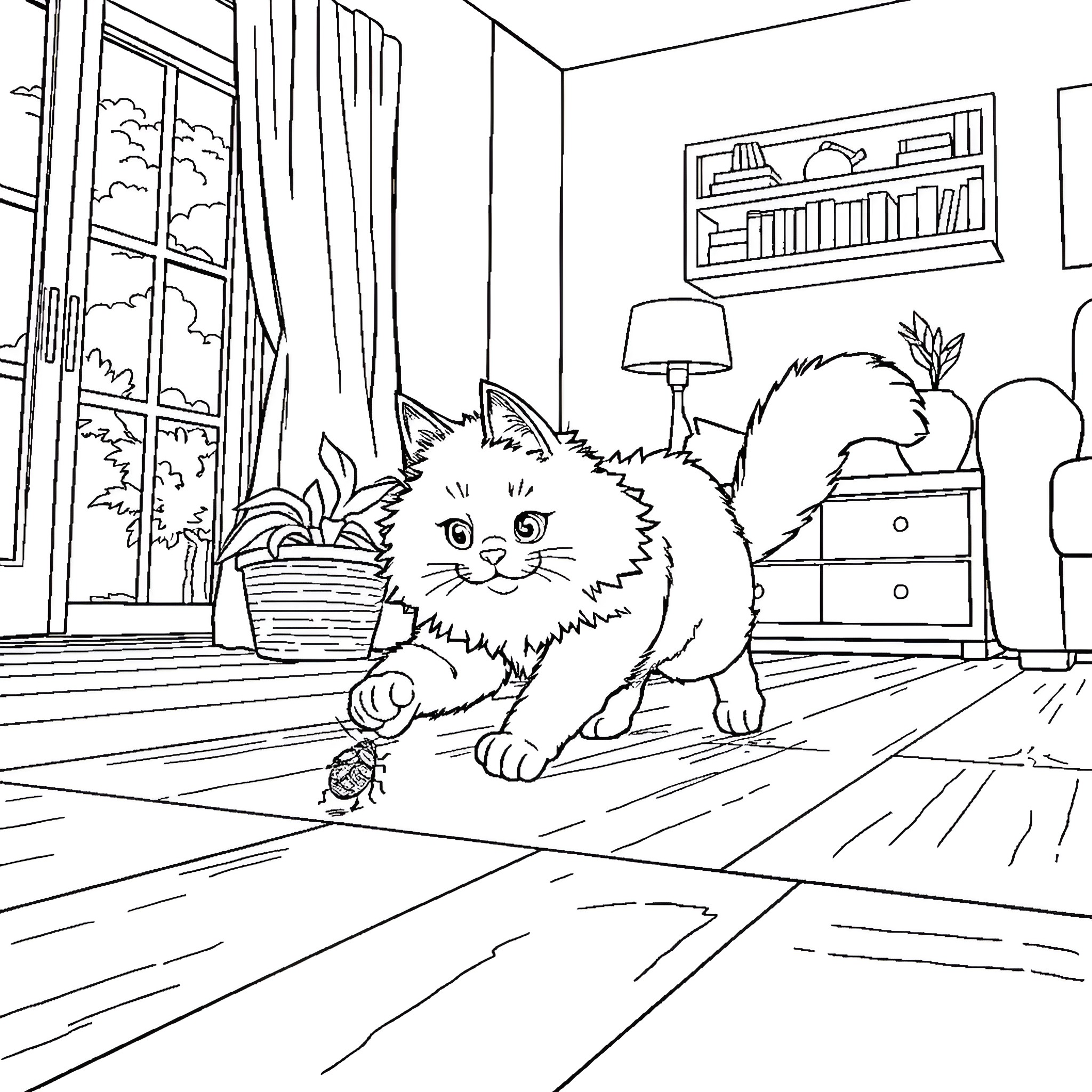 Cat exploring cozy indoor scene Coloring Page (free black-and-white line drawing printable PDF for all, from beginners to advanced learners, including children, teens, adults, and seniors)