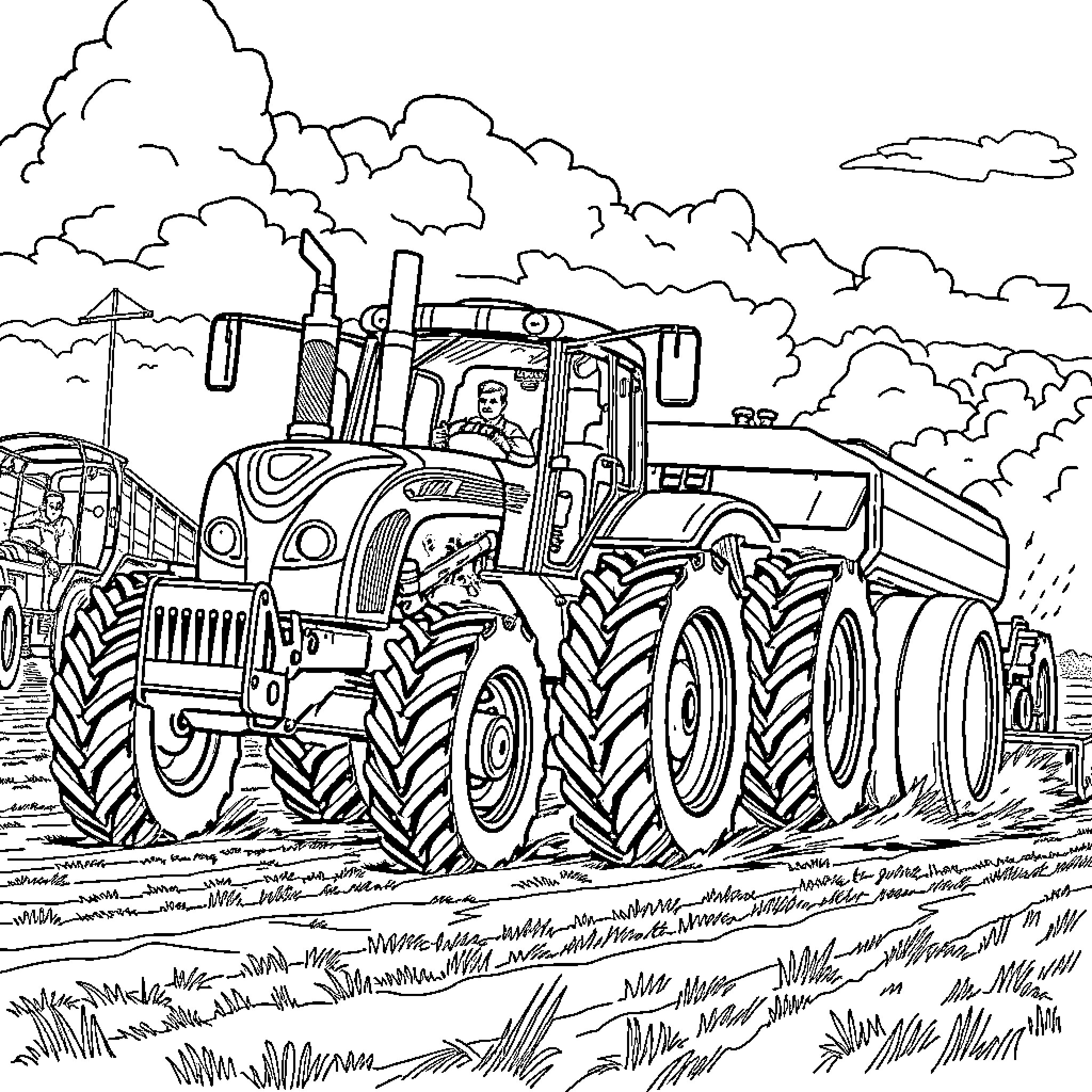 Tractor plowing through a cloudy field Coloring Page (free black-and-white line drawing printable PDF for all, from beginners to advanced learners, including children, teens, adults, and seniors)
