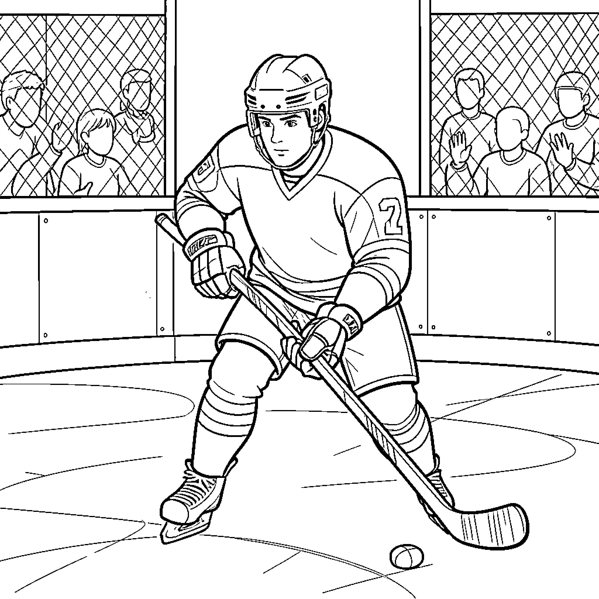 Hockey Player skating on ice and controlling the puck Coloring Page (free black-and-white line drawing printable PDF for all, from beginners to advanced learners, including children, teens, adults, and seniors)