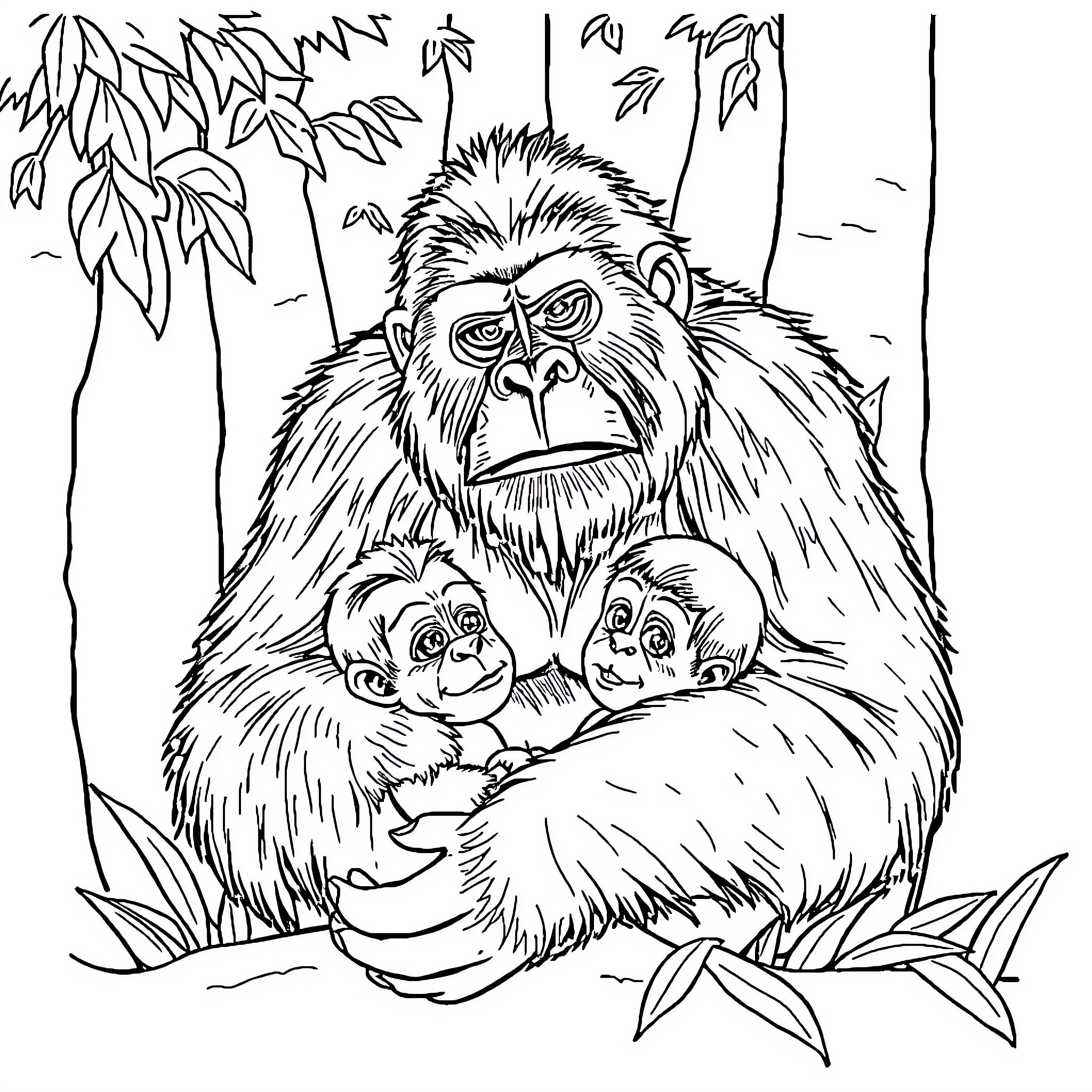 Orang-utans Bonding in the Jungle Coloring Page (free black-and-white line drawing printable PDF for all, from beginners to advanced learners, including children, teens, adults, and seniors)