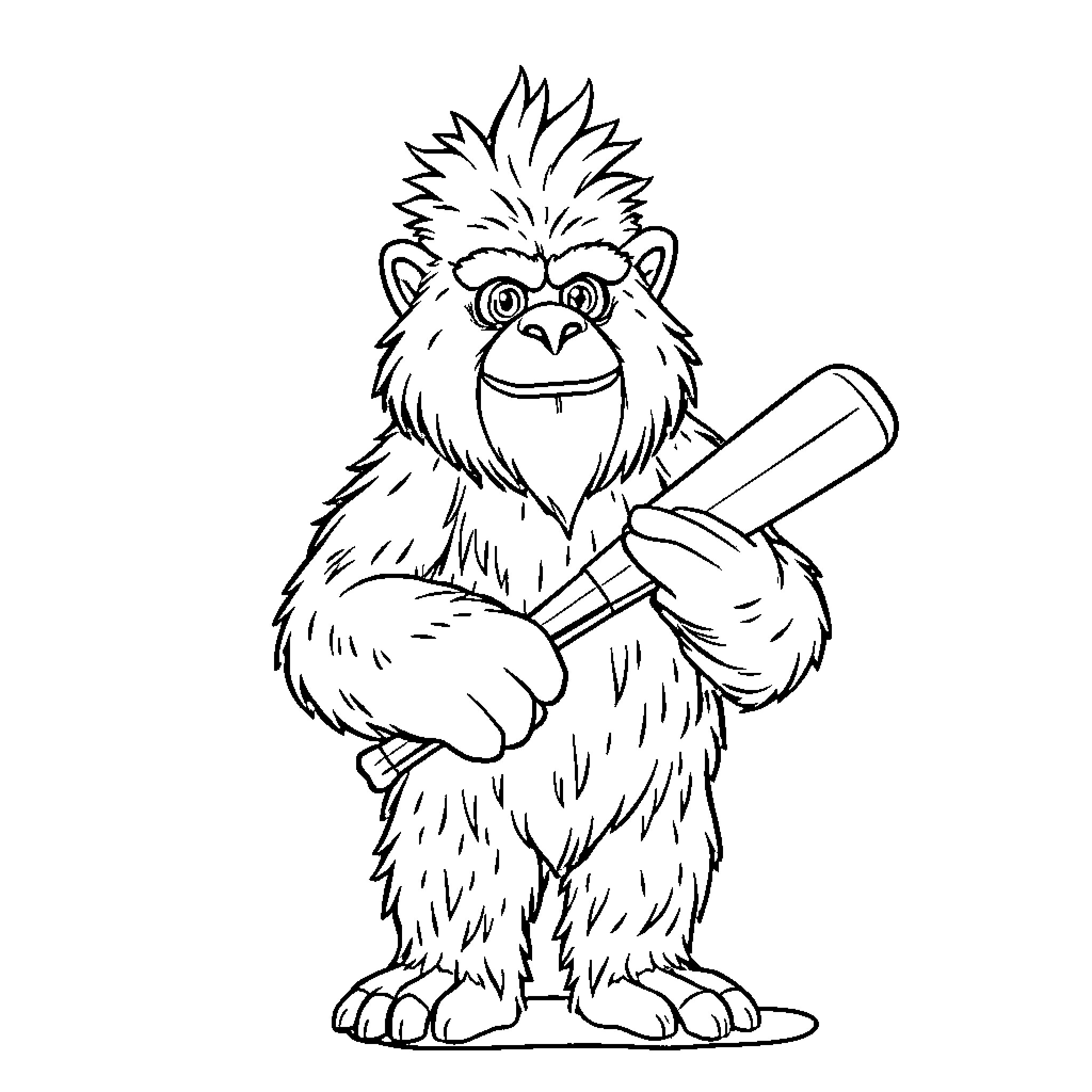 Yeti happily swinging baseball bat Coloring Page (free black-and-white line drawing printable PDF for all, from beginners to advanced learners, including children, teens, adults, and seniors)