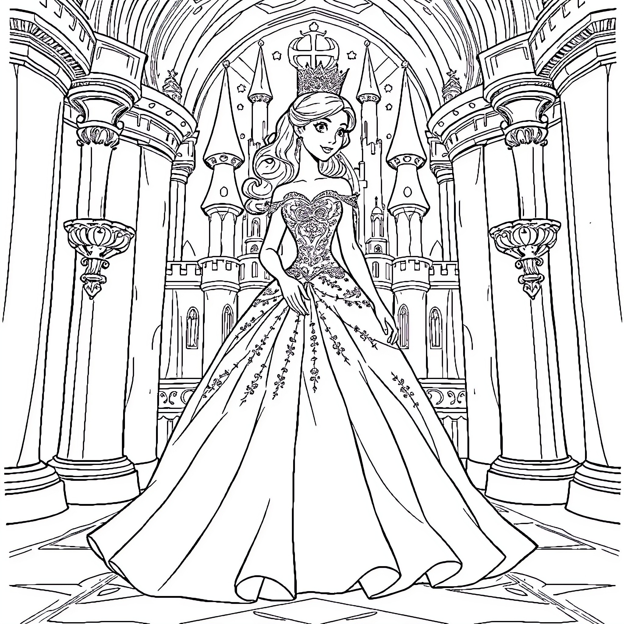 Princess in Elegant Royal Gown within Ornate Palace Coloring Page (free black-and-white line drawing printable PDF for all, from beginners to advanced learners, including children, teens, adults, and seniors)