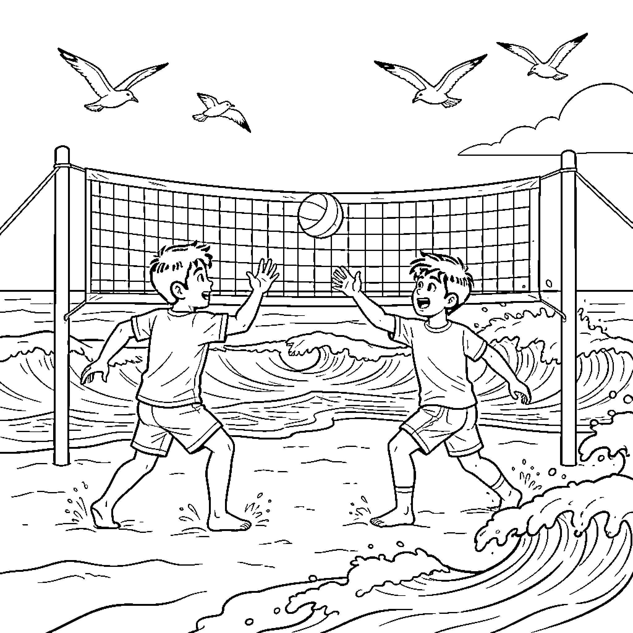 Volleyball players jumping to hit the ball at beach Coloring Page (free black-and-white line drawing printable PDF for all, from beginners to advanced learners, including children, teens, adults, and seniors)