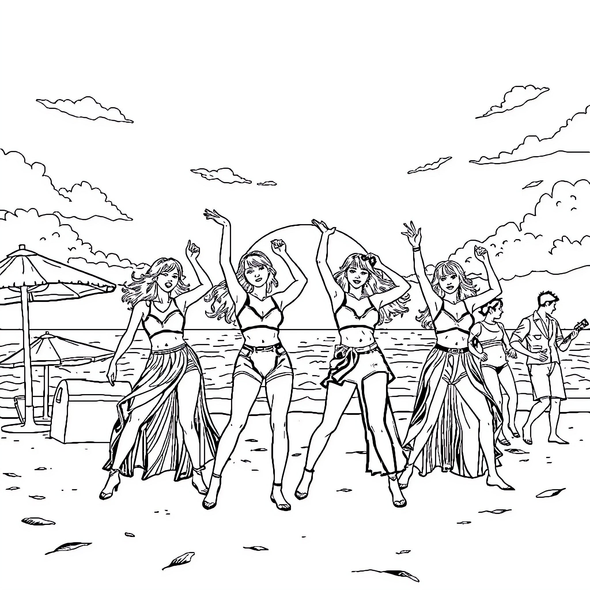 Kpop artists performing lively dance routine on the beach Coloring Page (free black-and-white line drawing printable PDF for all, from beginners to advanced learners, including children, teens, adults, and seniors)