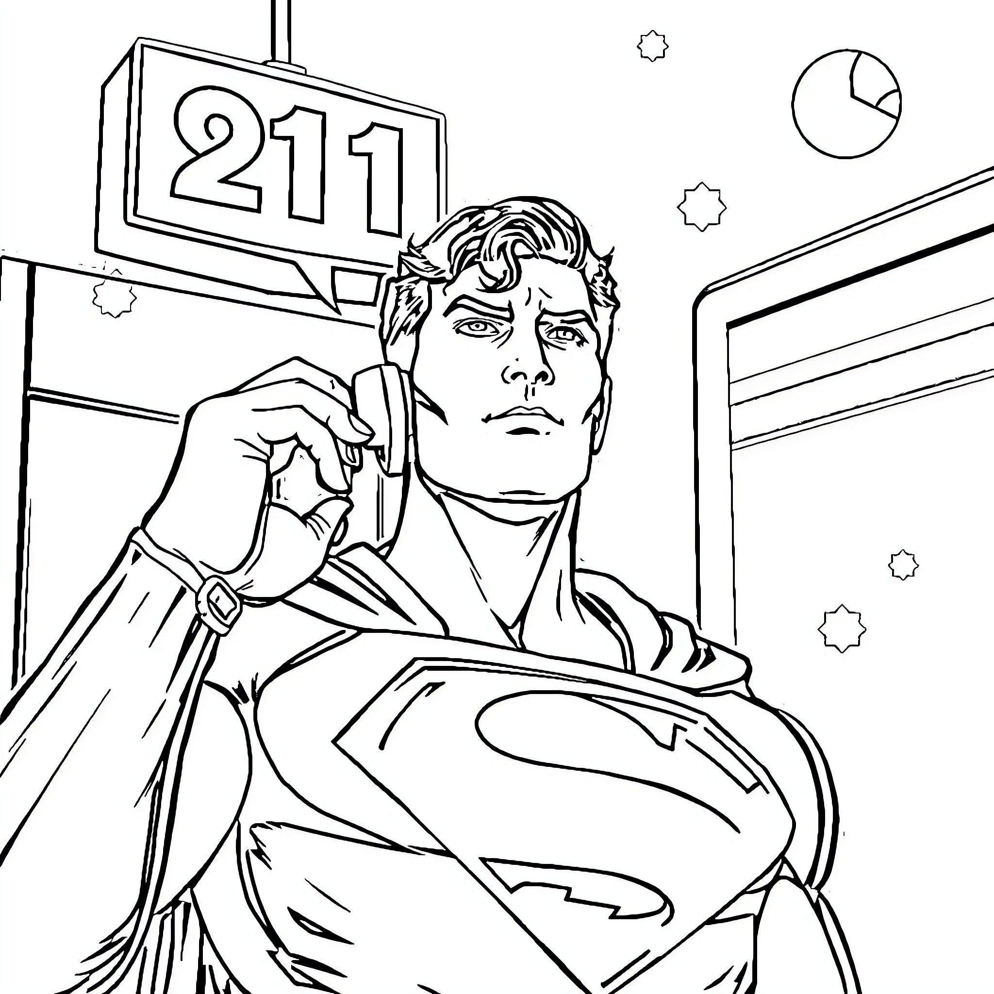 Superman Answering a Late Night Emergency Call Coloring Page (free black-and-white line drawing printable PDF for all, from beginners to advanced learners, including children, teens, adults, and seniors)