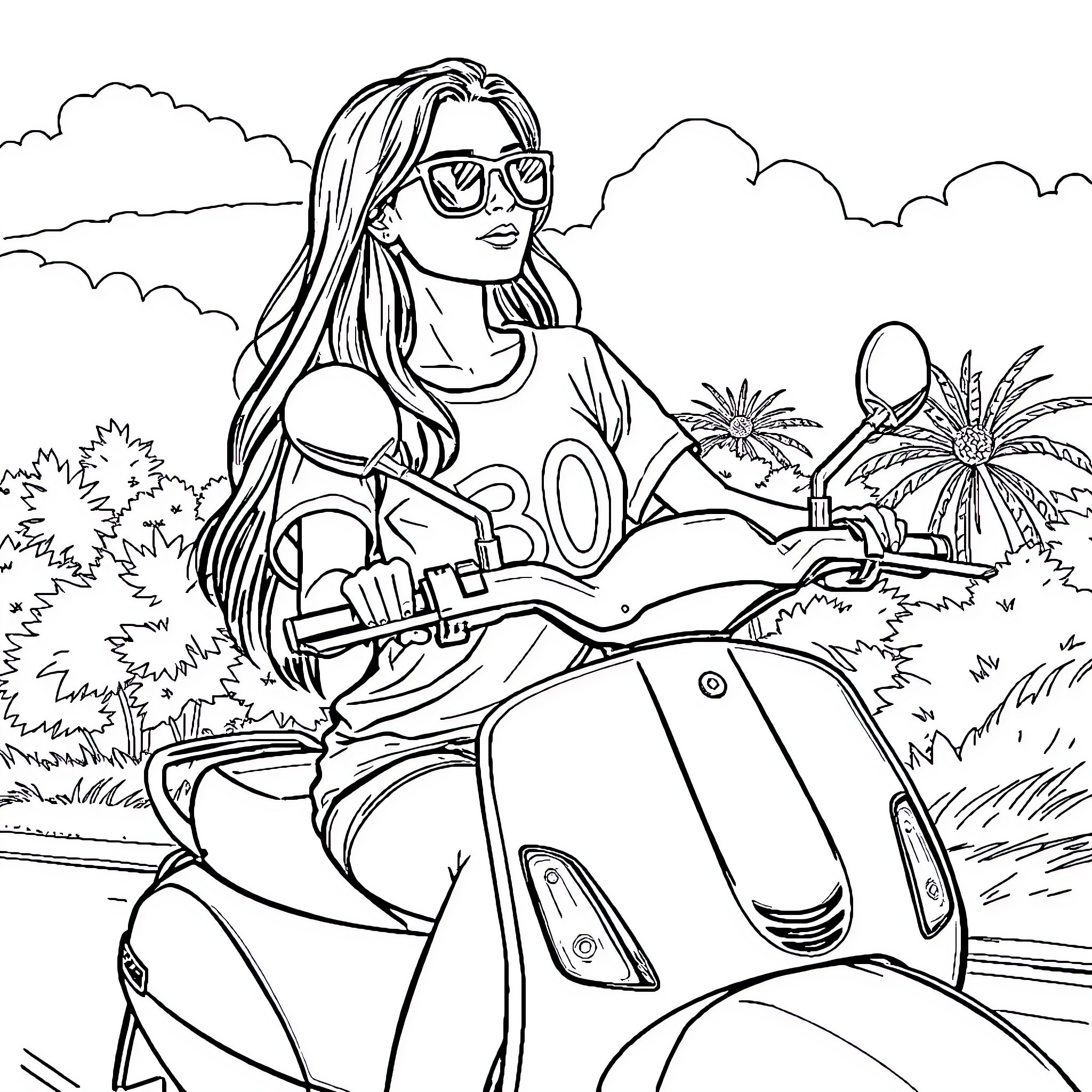 Fille riding a scooter in tropical scenery Coloring Page (free black-and-white line drawing printable PDF for all, from beginners to advanced learners, including children, teens, adults, and seniors)